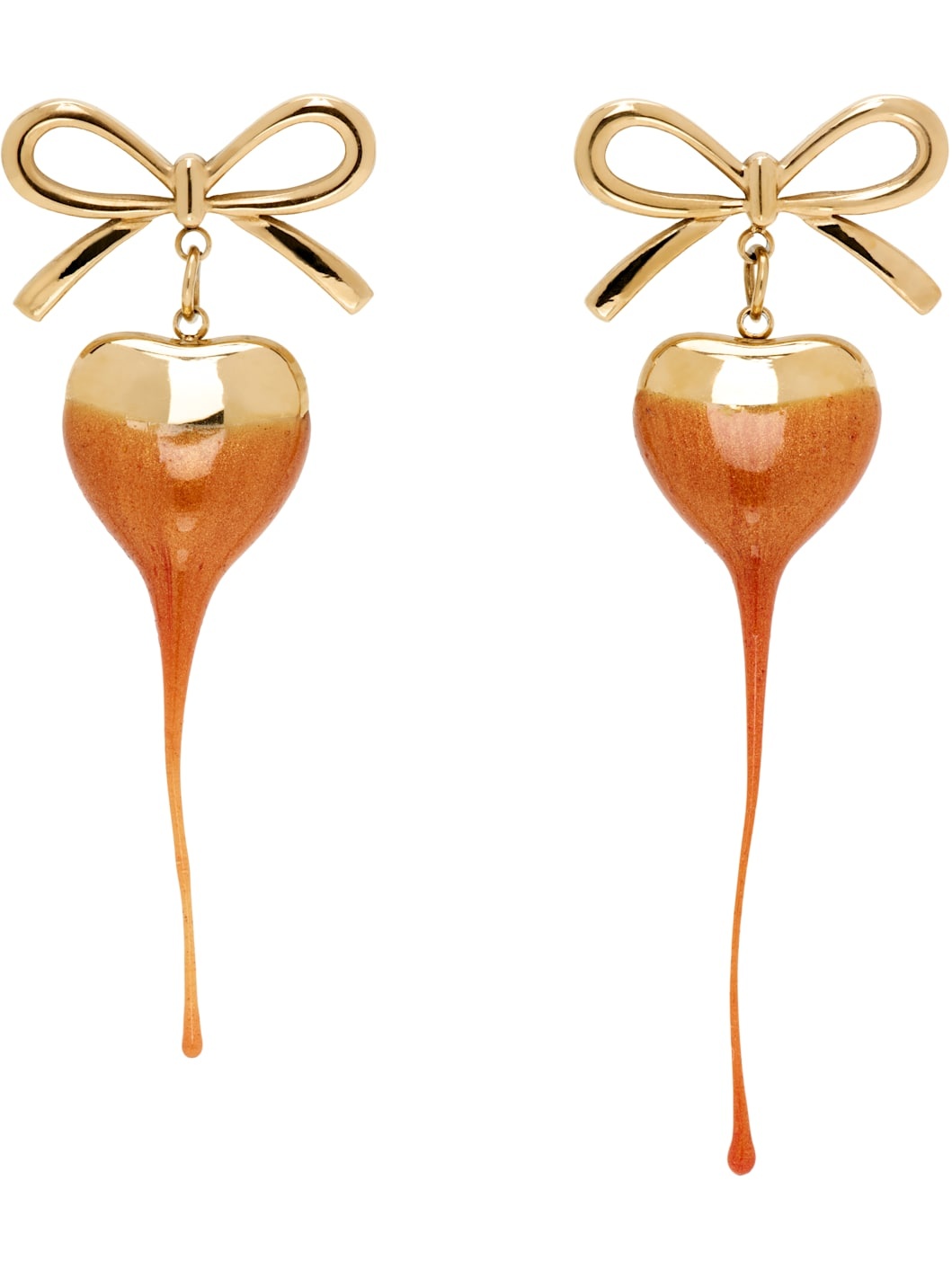 Gold & Orange Bow Heart Earrings - 1