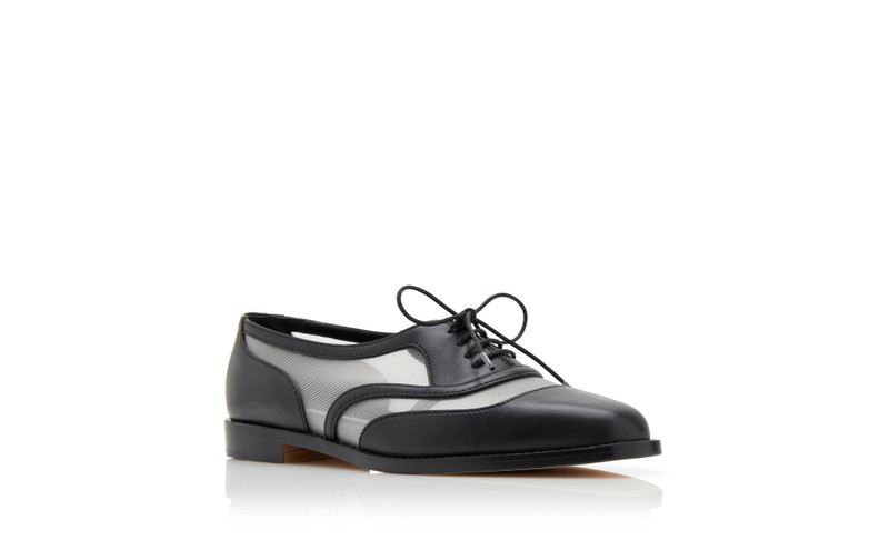 Black Calf Leather and Mesh Lace-Up Flat Shoes 3