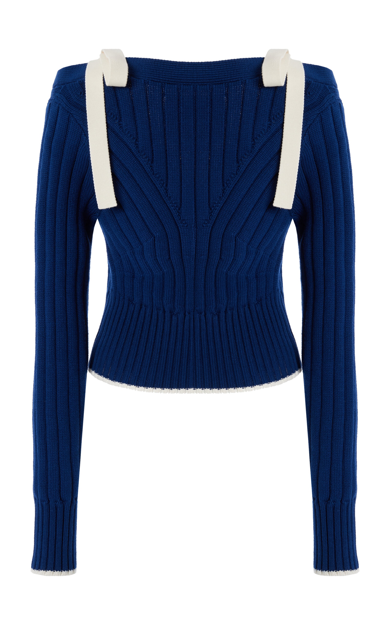 Tie-Detailed Knit Cotton-Wool Off-The-Shoulder Cardigan navy - 3