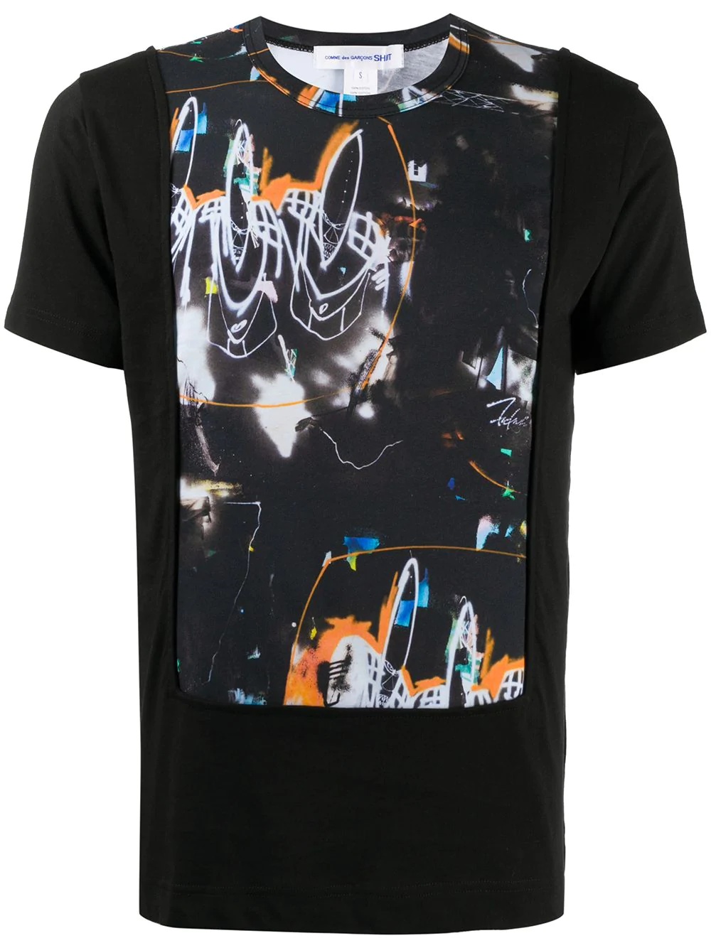 abstract print panelled T-shirt - 1