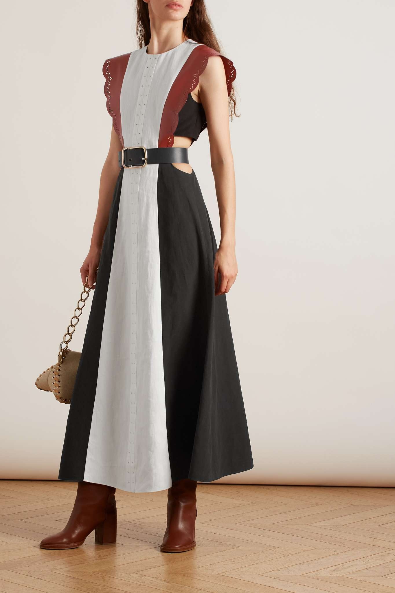 Leather-trimmed color-block linen maxi dress - 2