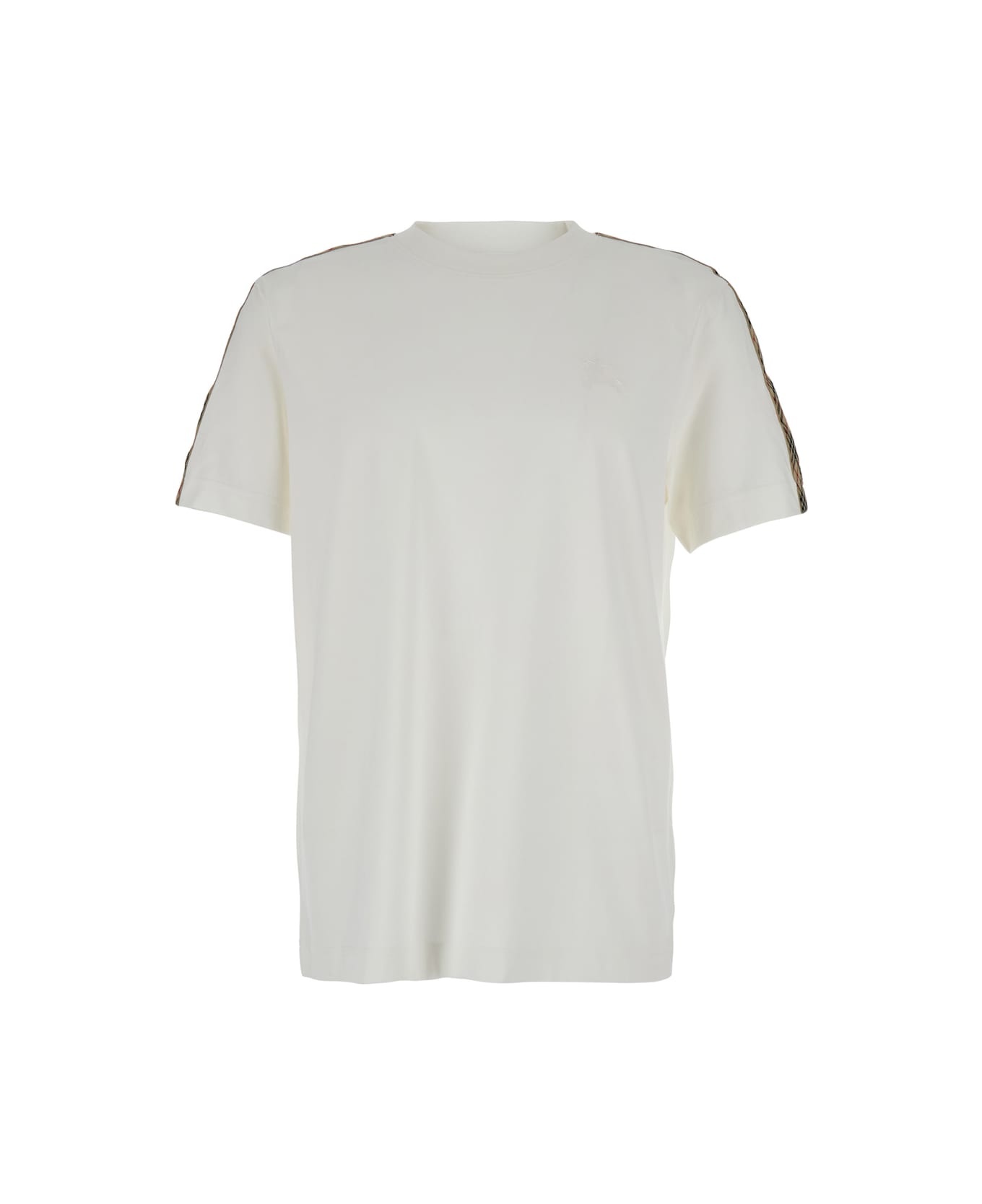 White Crewneck T-shirt With Check Motif On The Sleeve And Ekd Logo Embroidery On The Front In Cotton - 1