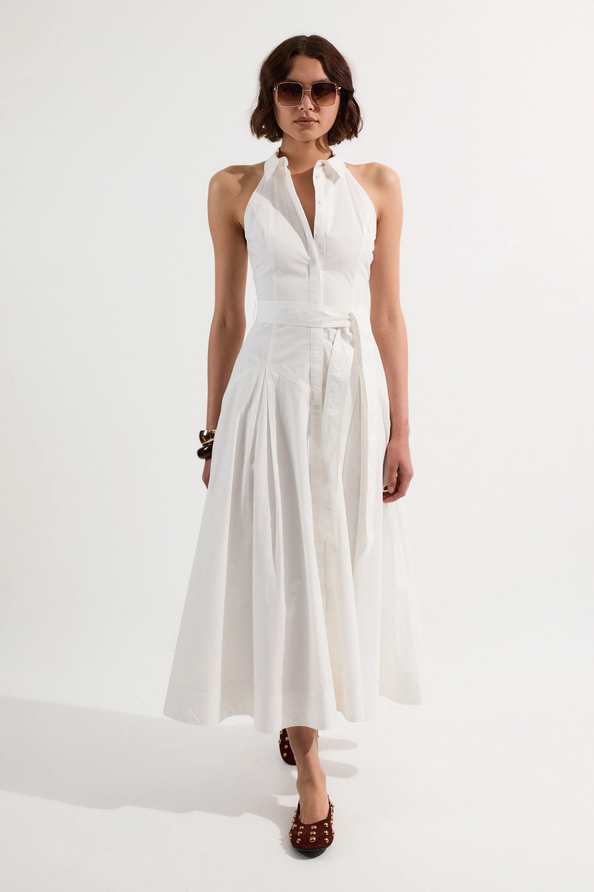 Petite Cotton Collared Halter Neck Woven Midi Shirt Dress With Dropped Waist Detail - 1