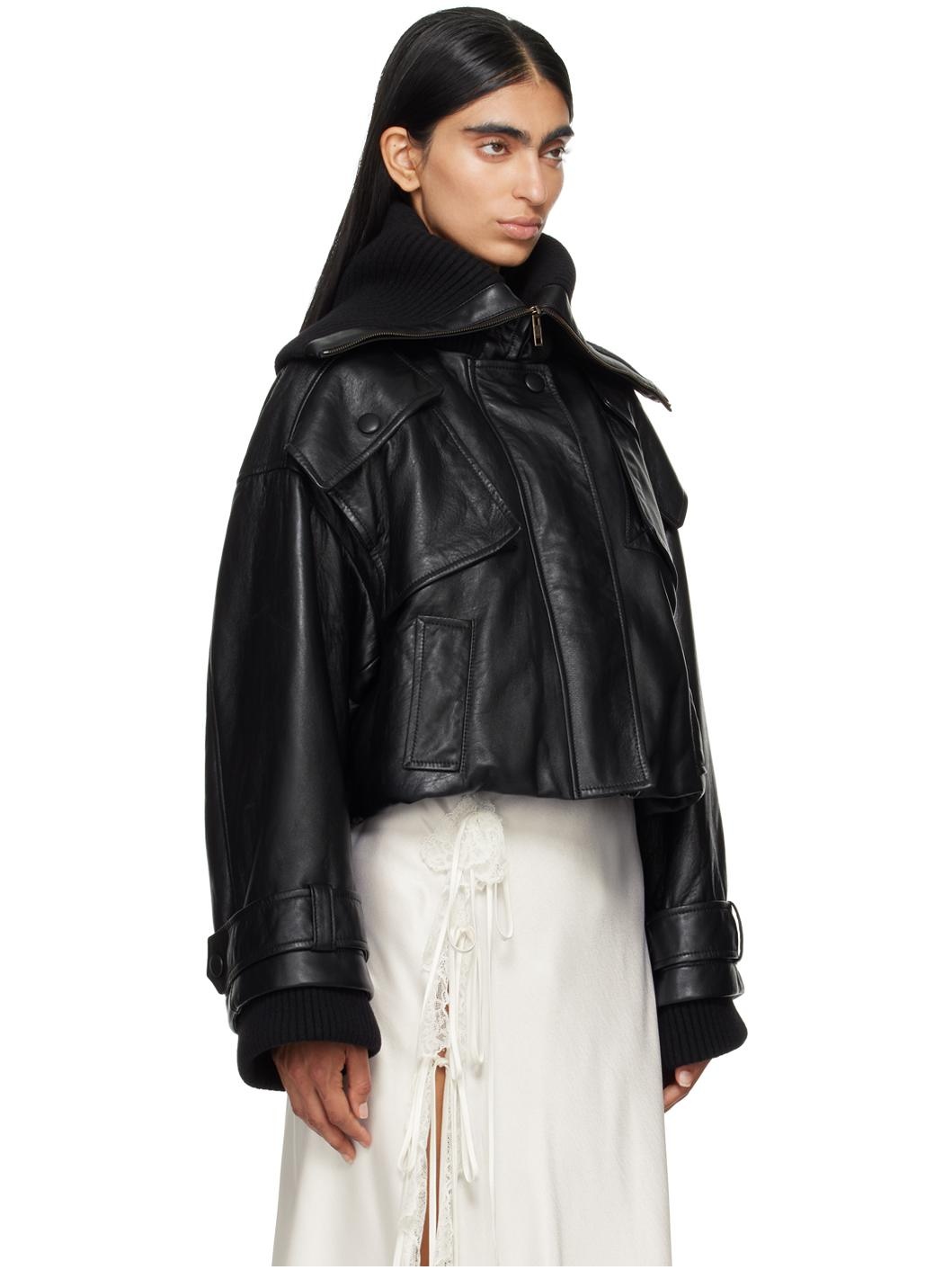 Black Cropped Leather Jacket - 2