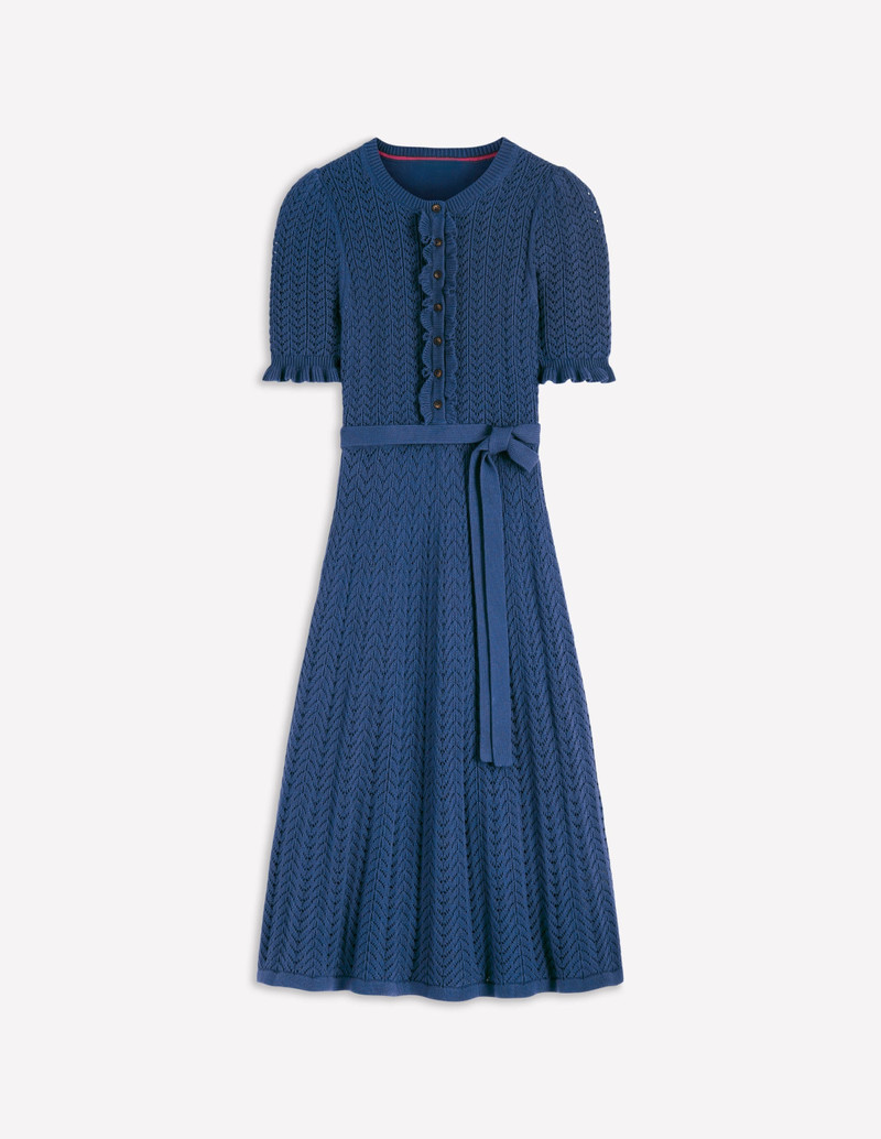 Henley Frill Knitted Dress-Denim Blue 1