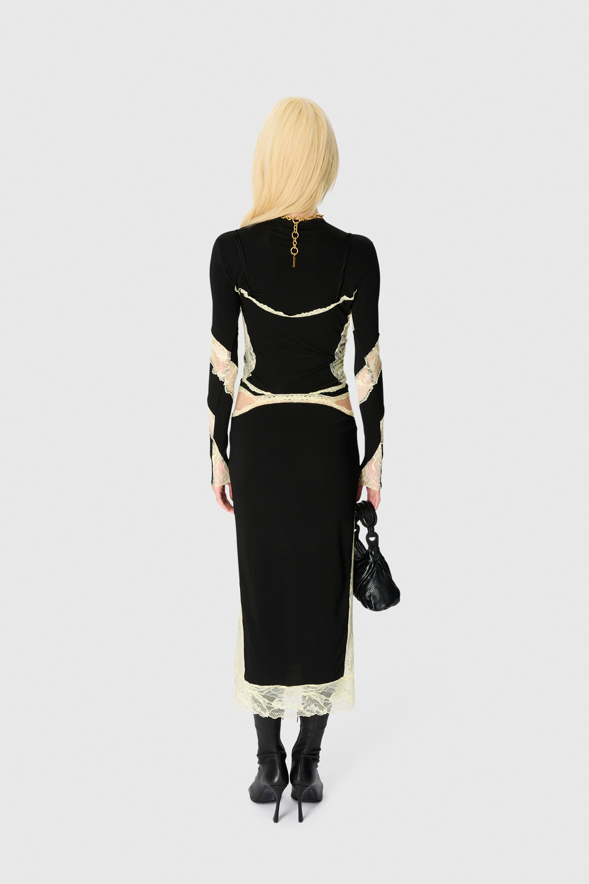 DRAPED JERSEY & LACE LS LONG DRESS - 4