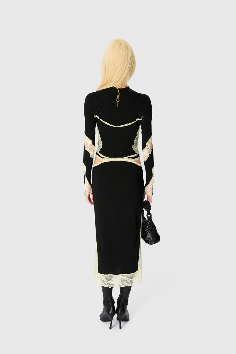 DRAPED JERSEY & LACE LS LONG DRESS 4
