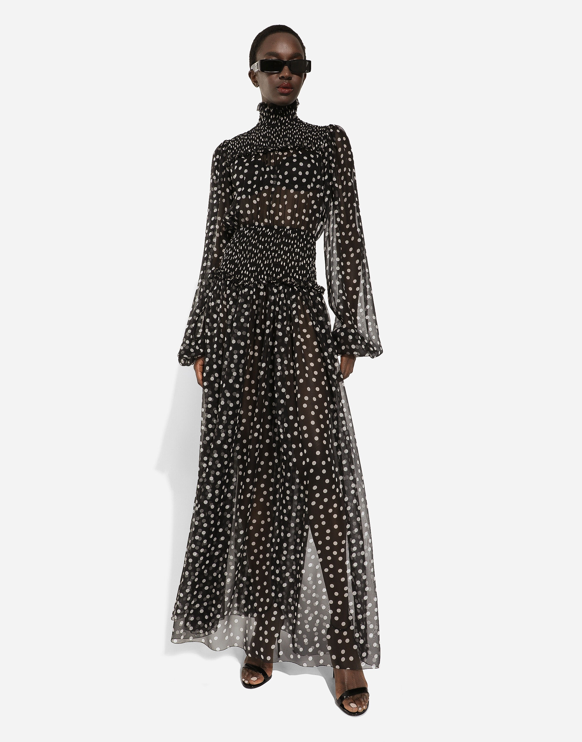 Chiffon midi dress with smock stitching and micro-polka dot print - 6