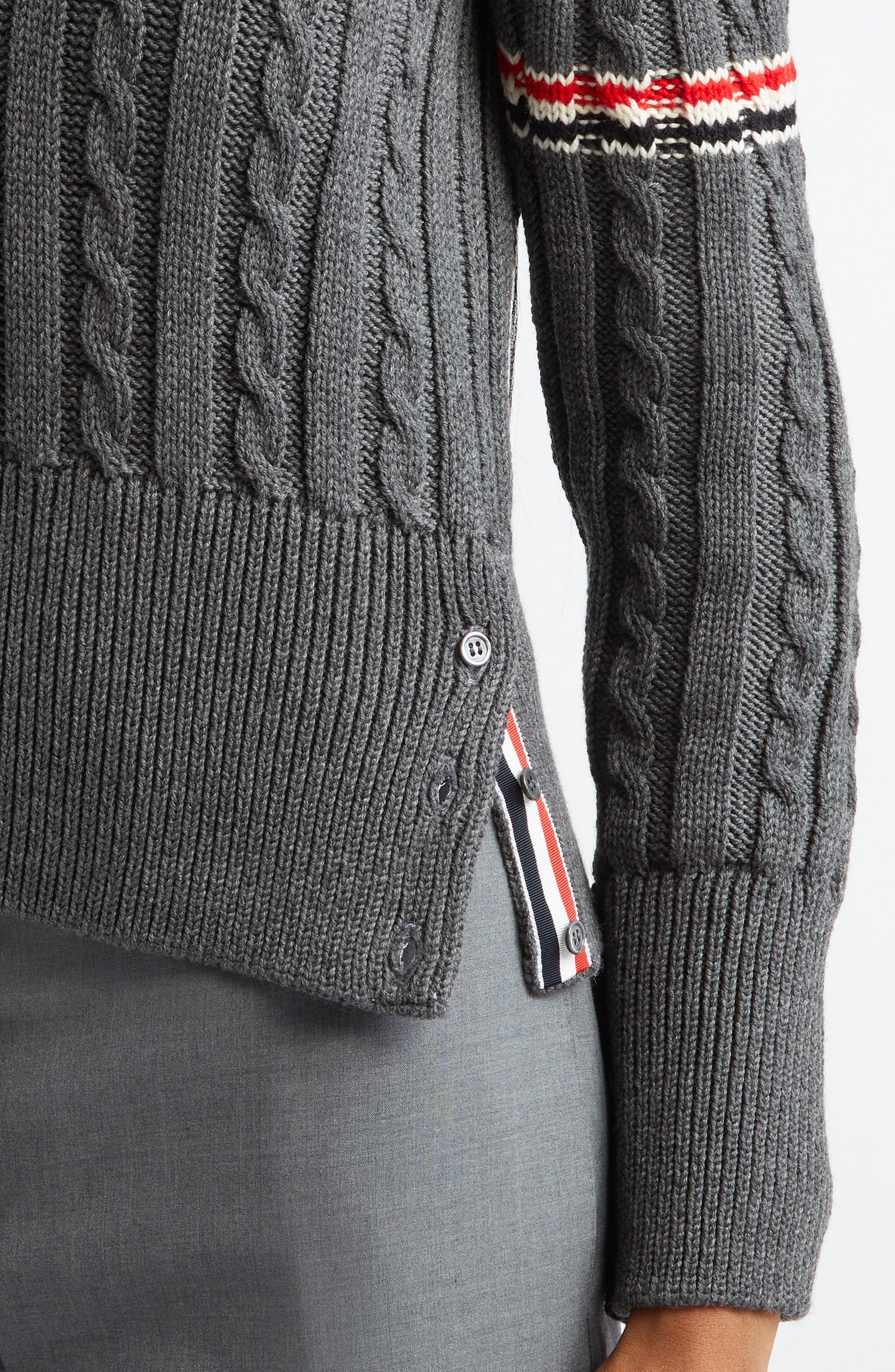 Thom Browne Cable Knit Virgin Wool V-Neck Sweater in Medium Grey at Nordstrom - 5