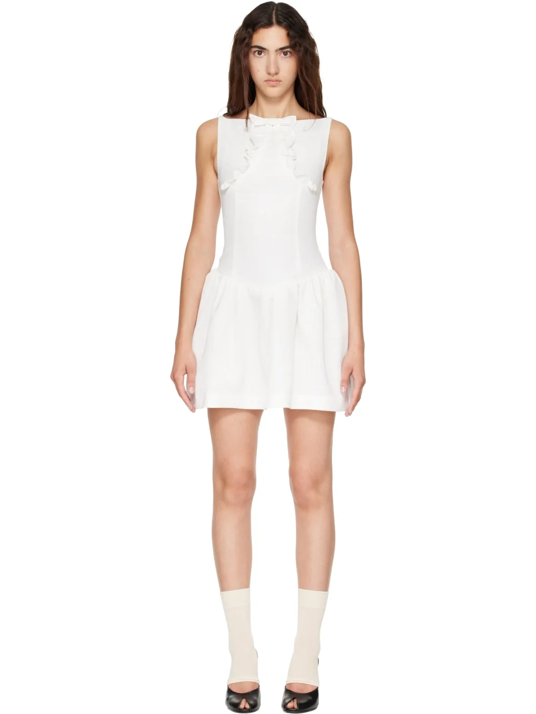 White Bow Detail Ruffled Minidress - 1