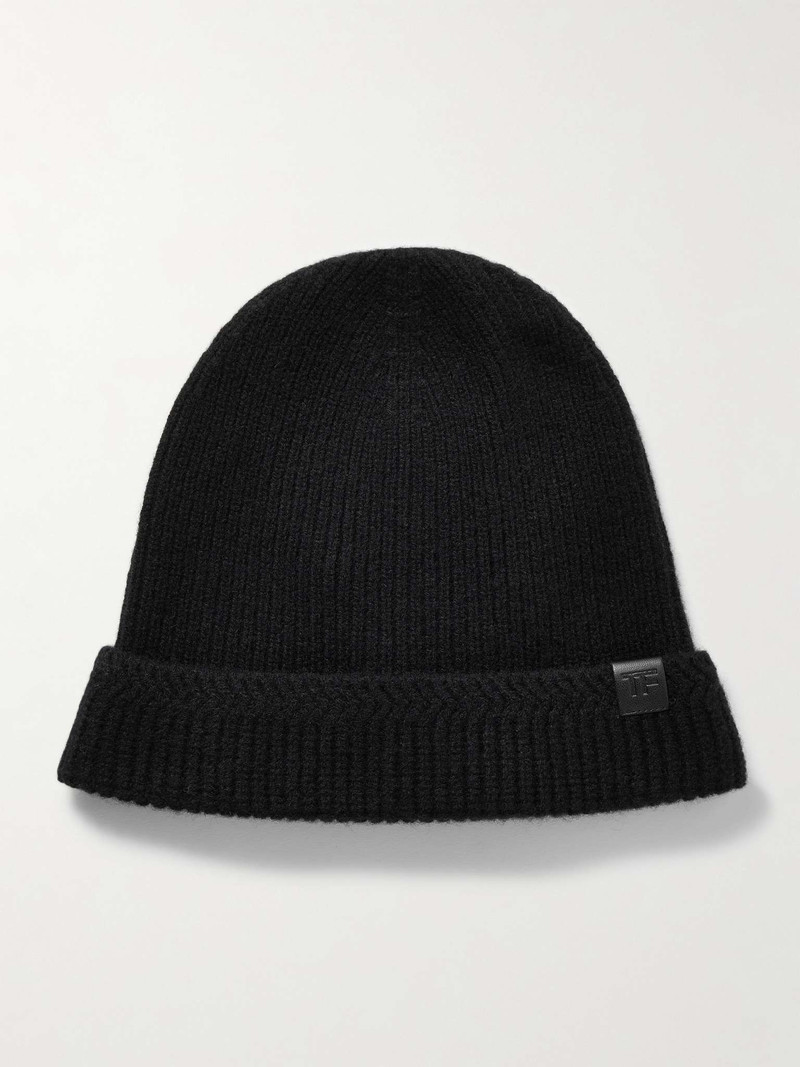 가죽 변죽 늑골 모직 및 캐시미어-Blend Beanie 1