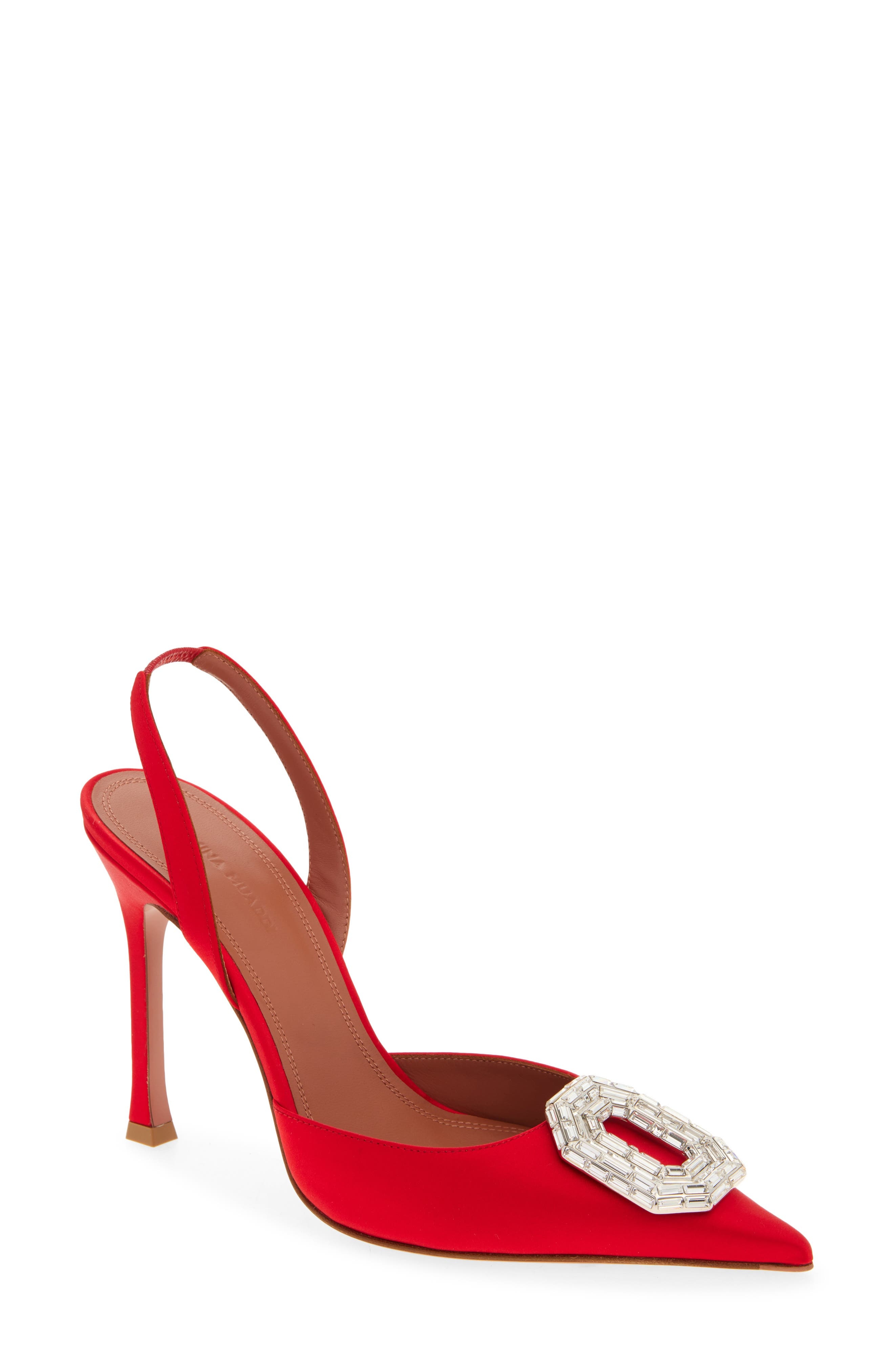Amina Muaddi Camelia Crystal Buckle Slingback Pump in Satin Red/White Buckle at Nordstrom - 1