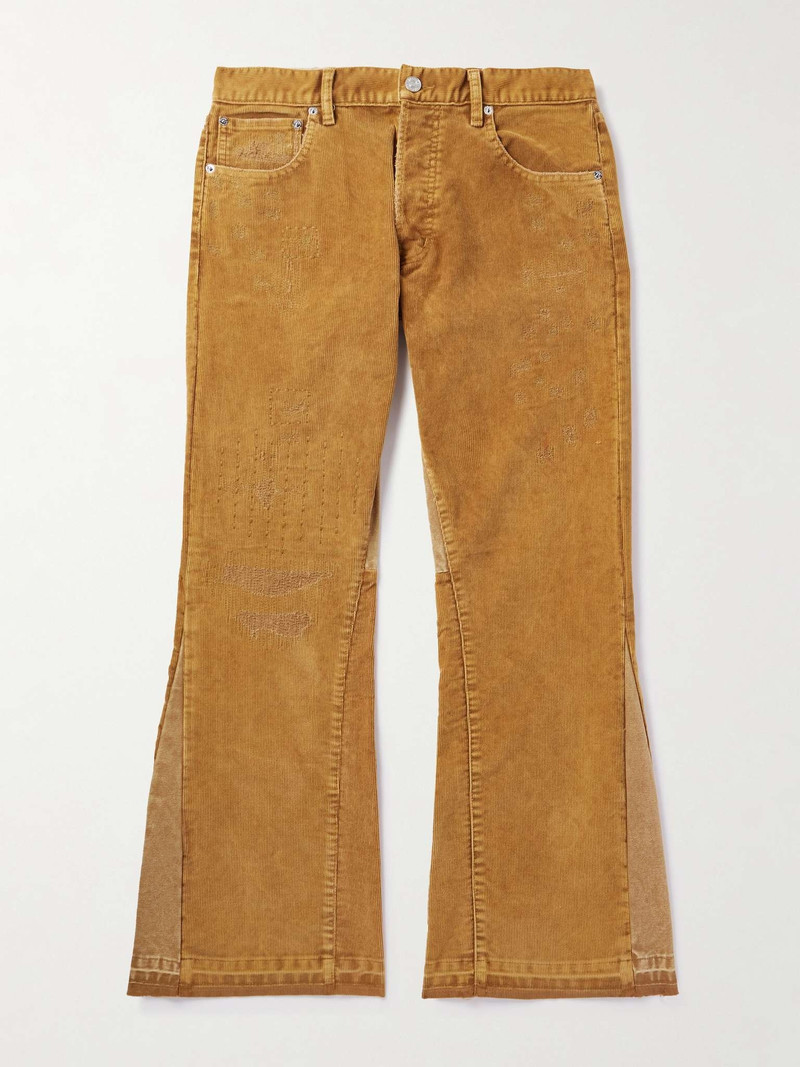 Flared Distressed Cotton-Corduroy and Canvas Trousers - 1