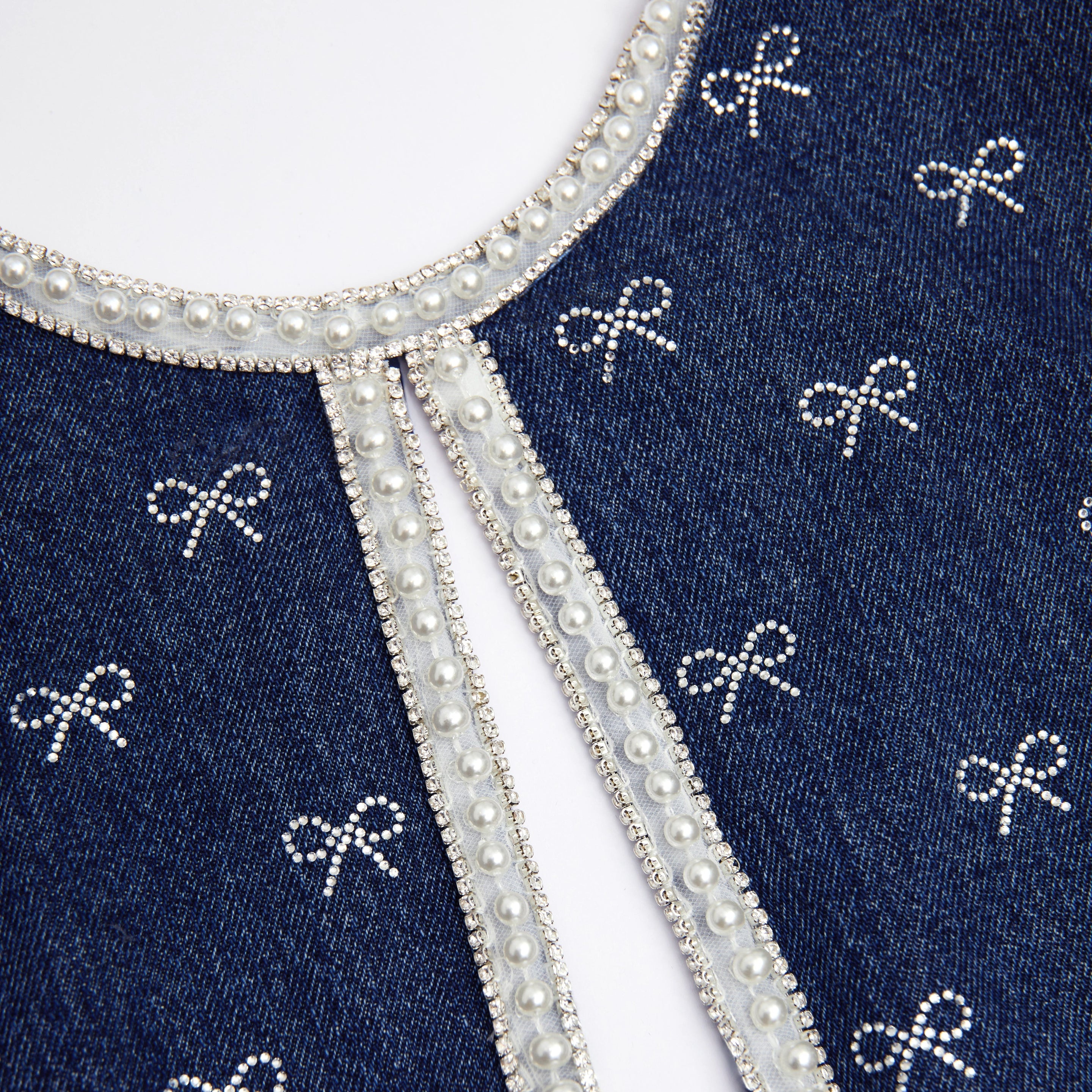 Denim Diamante Bow Mini Dress - 5