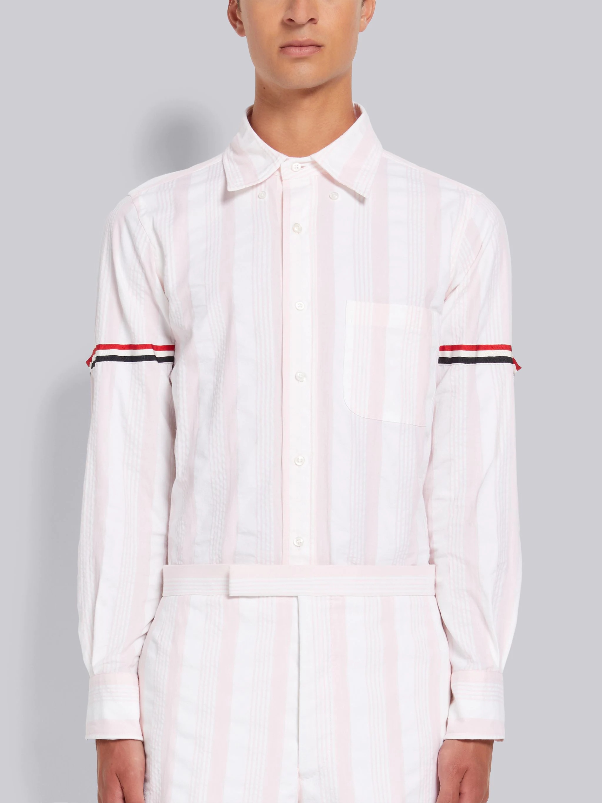 Light Pink Stripe Seersucker Stripe Grosgrain Armband Straight Fit Shirt - 1