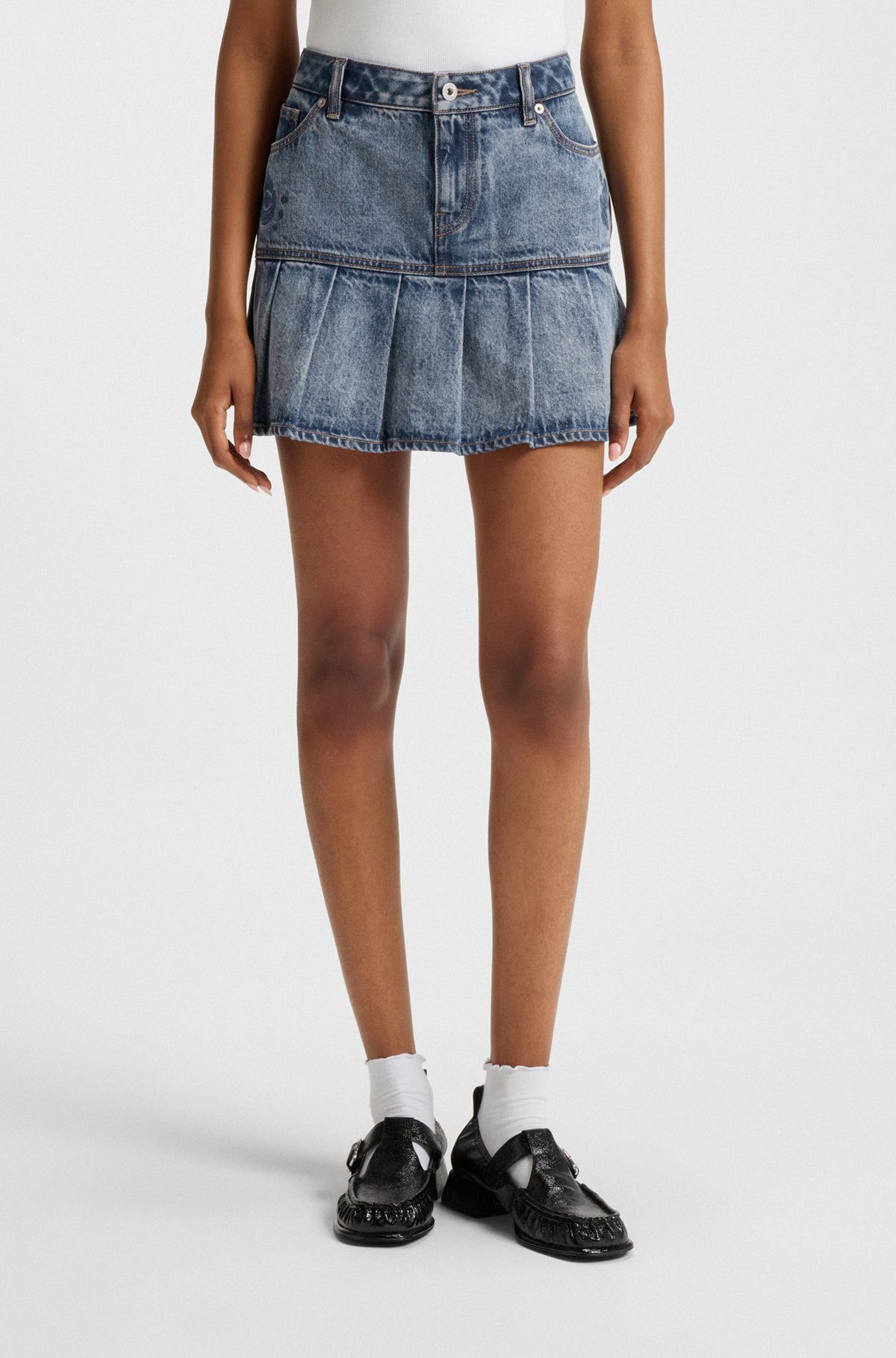 HALF-PLEATED MINI SKIRT IN BLUE RIGID DENIM - 2