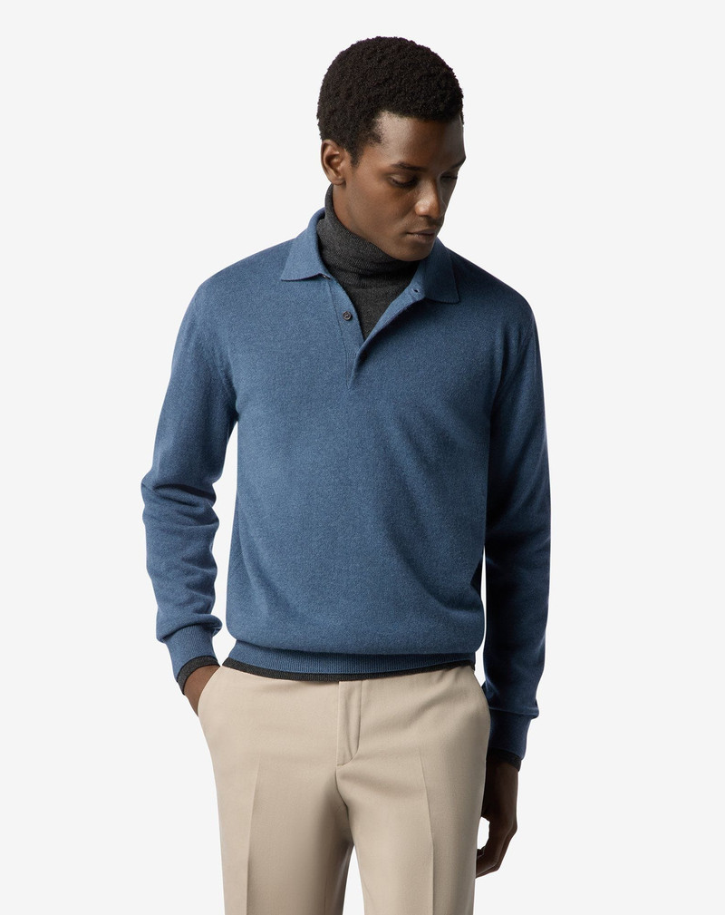 CORNELIANI Mélange octane blue button-up Sublime Cashmere polo shirt outlook