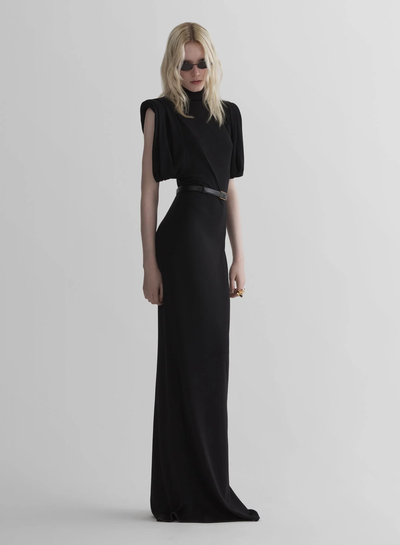 black draped sleeveless gown - 1