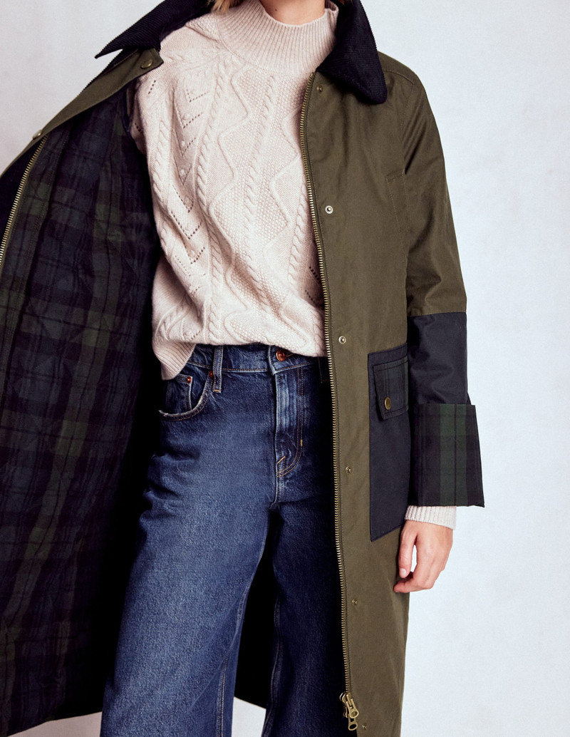 Longline Wax Coat-Navy Khaki Colourblock 7