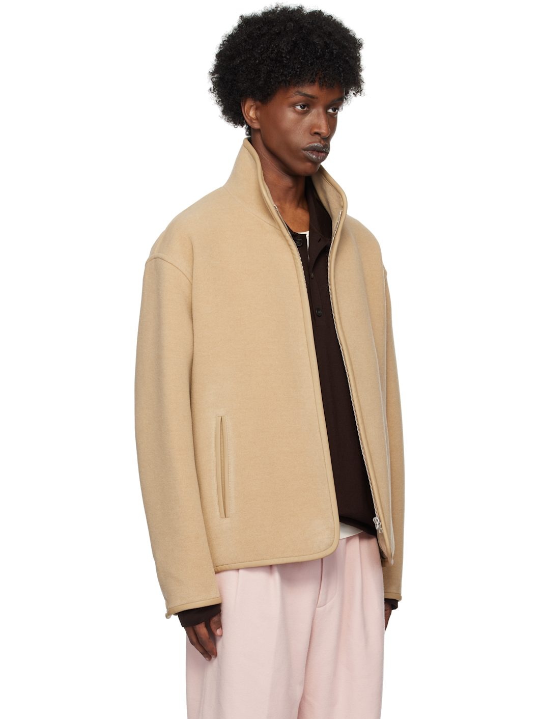 Beige Double Cloth Heavy Pile Zip Jacket - 2