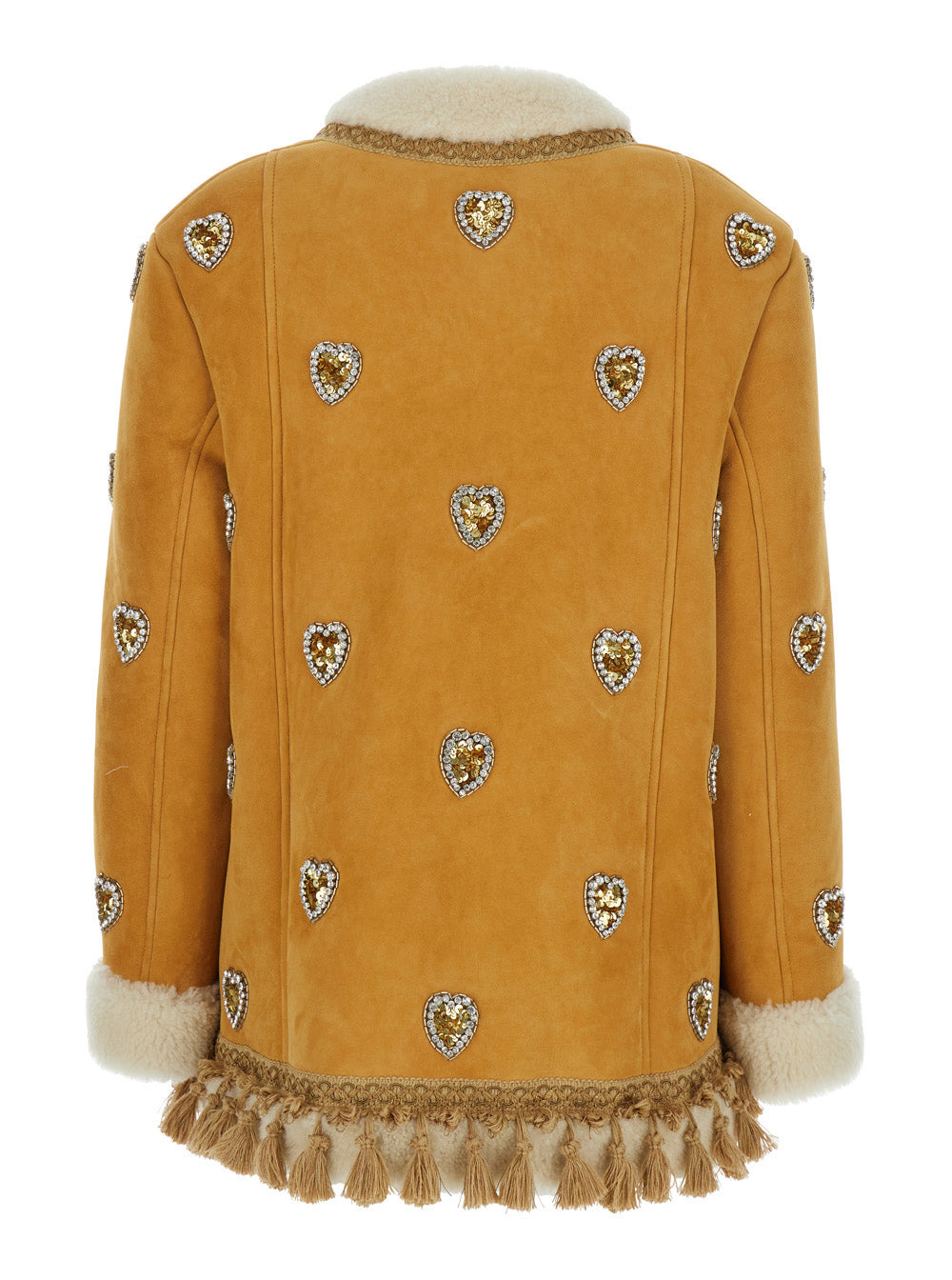 Valentino Women Beige Crewneck Jacket With All-Over Heart Embellishments And Fur Details In Leather  - 2