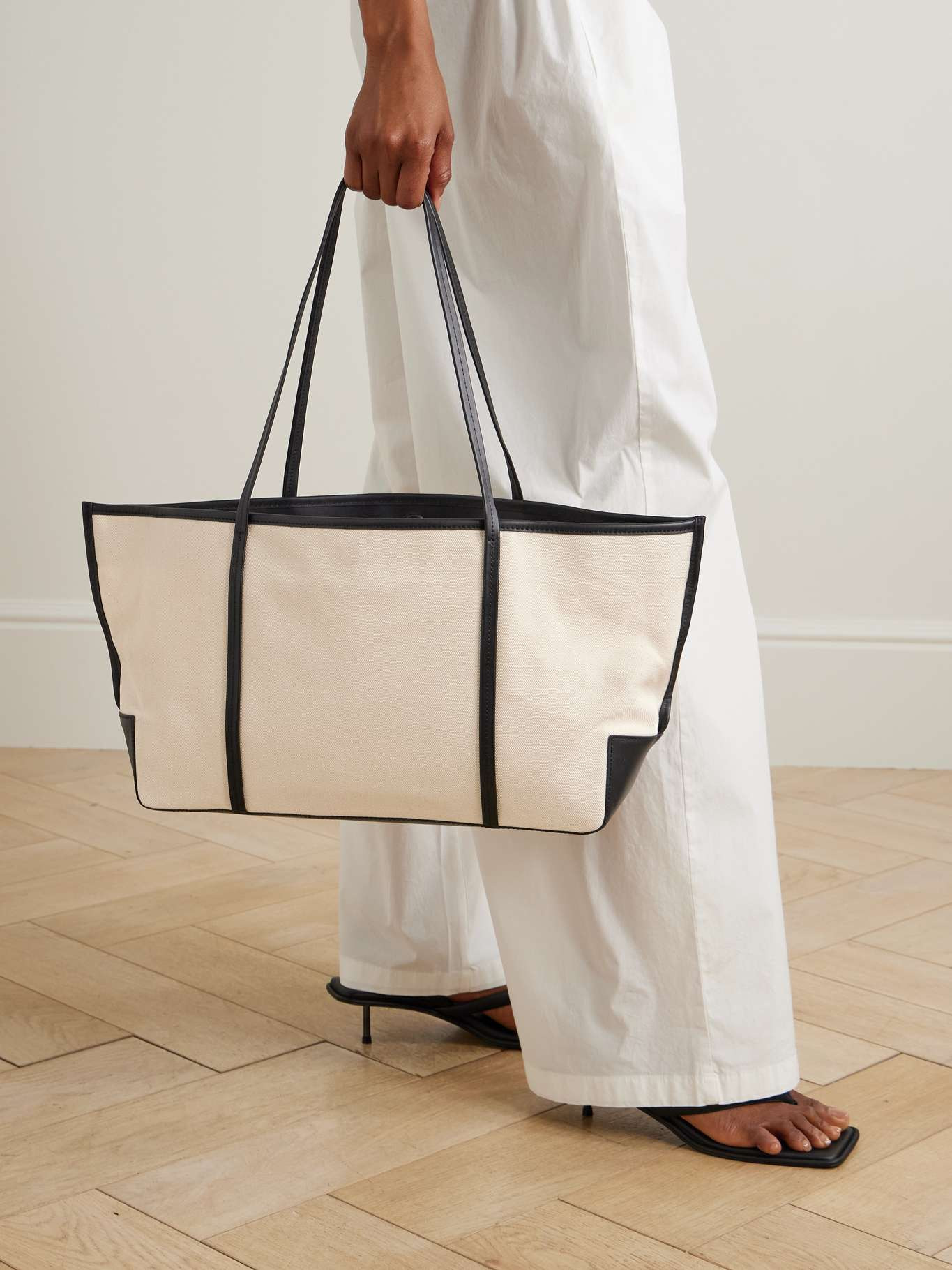 Bateau leather-trimmed cotton-canvas tote Off-white - 2