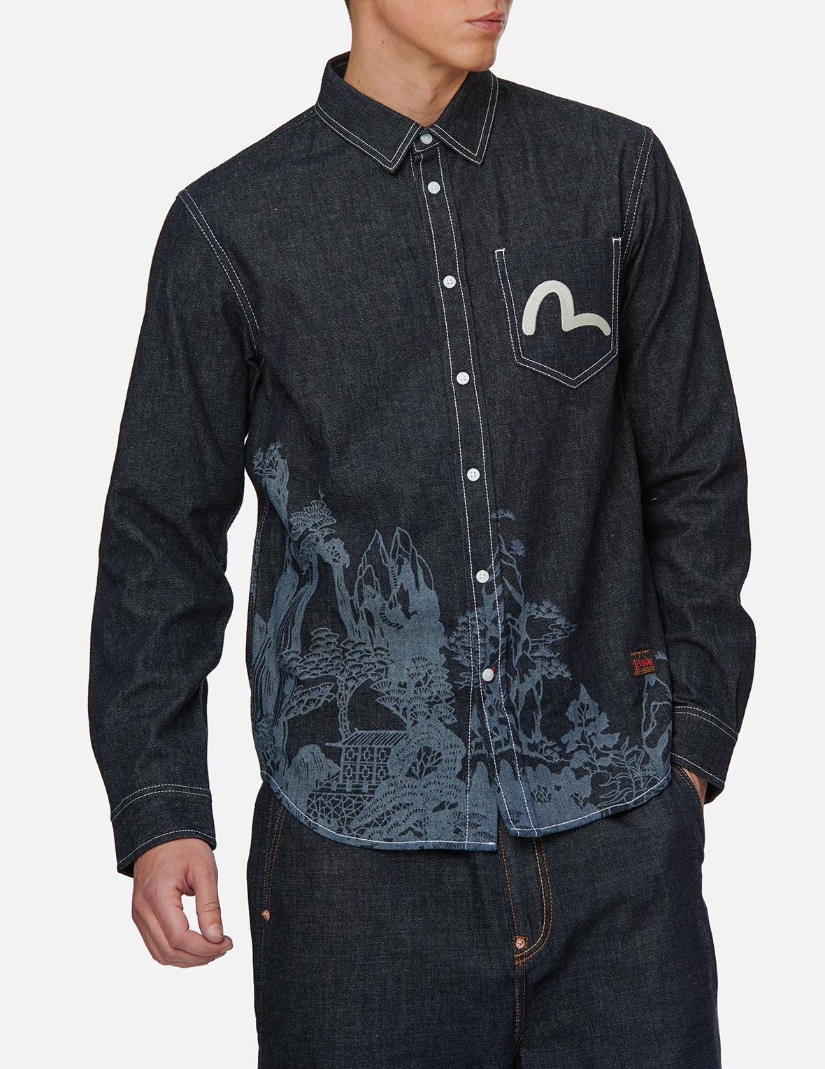 LANDSCAPE MOTIF DISCHARGED DENIM SHIRT - 3
