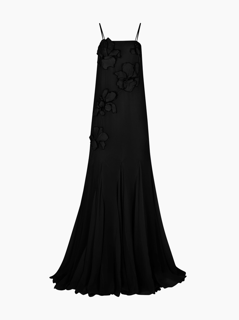 Black Long Embroidered Flowers Silk Dress 5