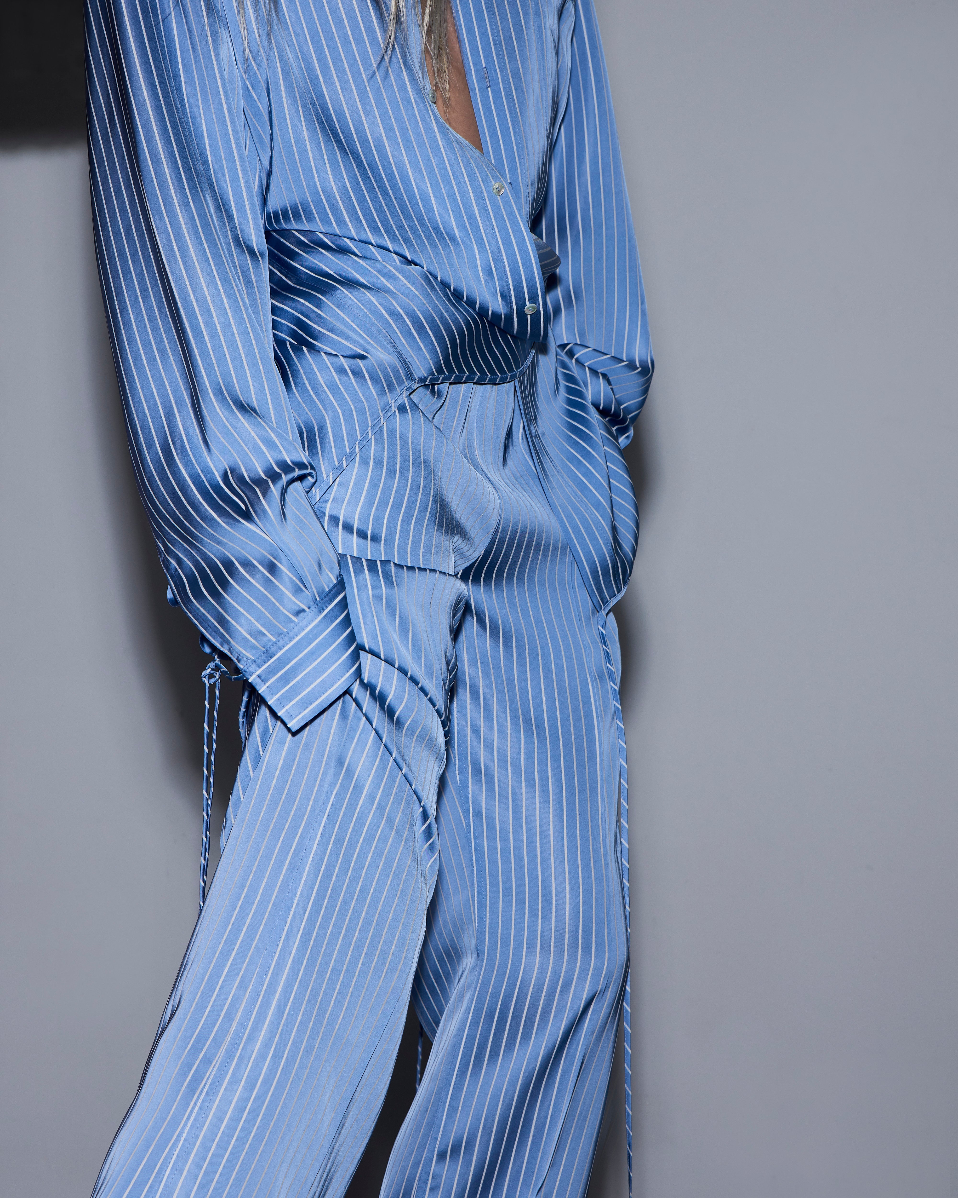 SATIN PIN STRIPE SHIRT BLUE AND WHITE VISCOSE BLEND - 4