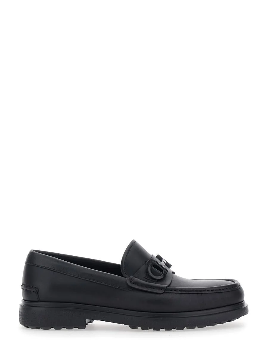 Salvatore Ferragamo 'Tobia' Black Loafers With Metal Gancini Detail On The Front And Raised Sole In - 1