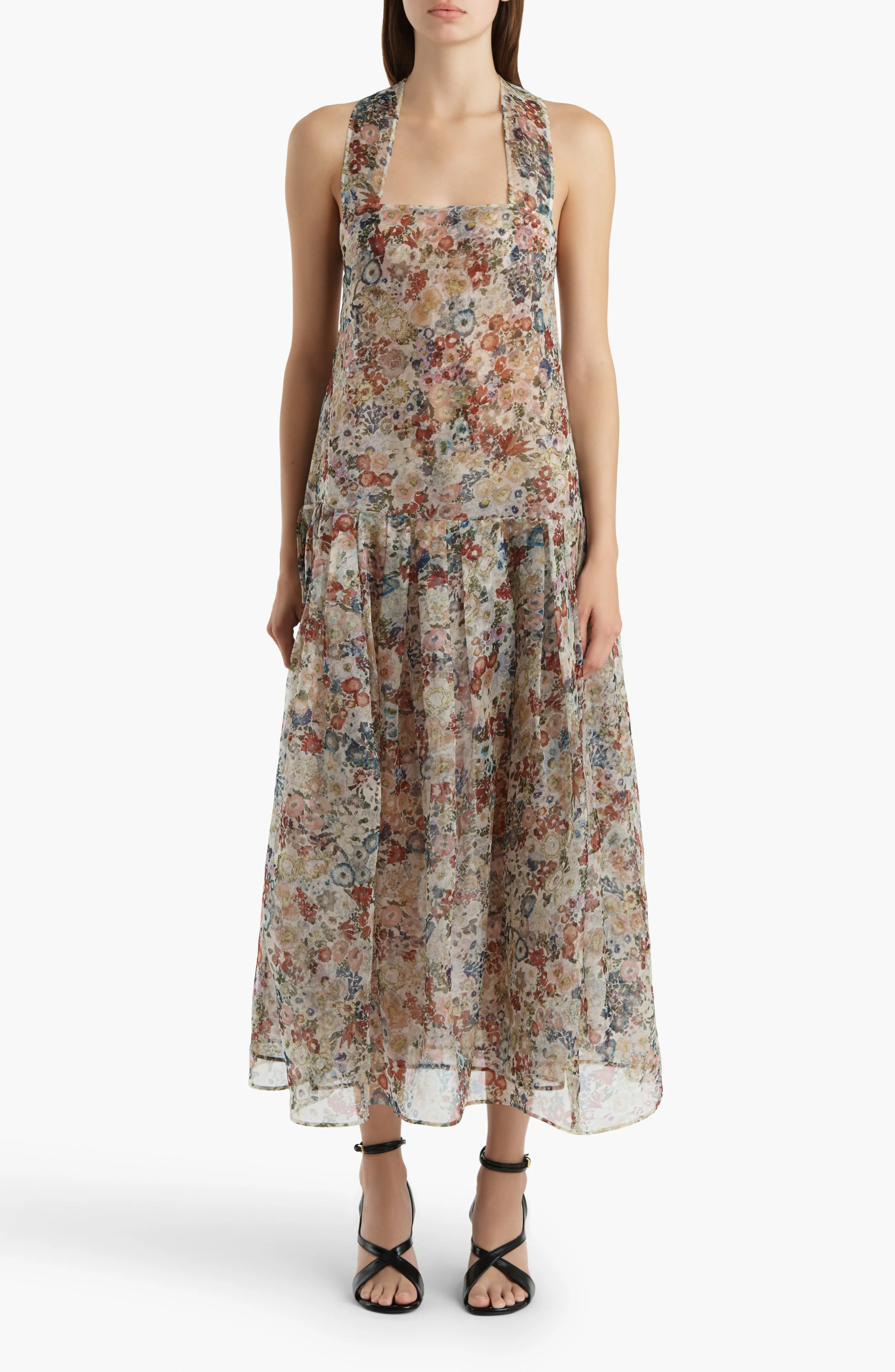 Khaite Amello Floral Drop Waist Silk Organza Pinafore Dress in Cream Multi at Nordstrom - 1