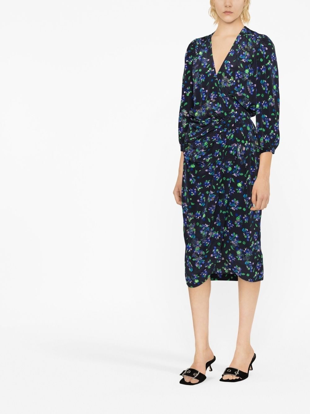 draped floral-print midi dress - 3