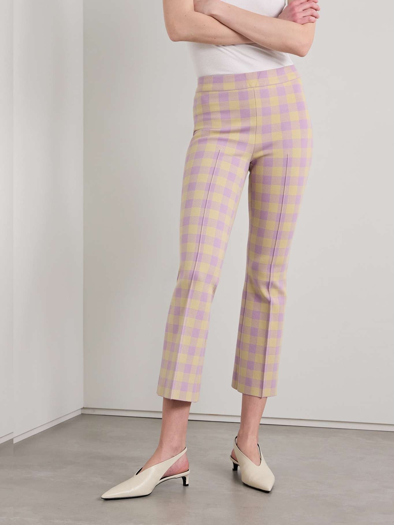 Kick cropped checked stretch-cotton flared pants - 3