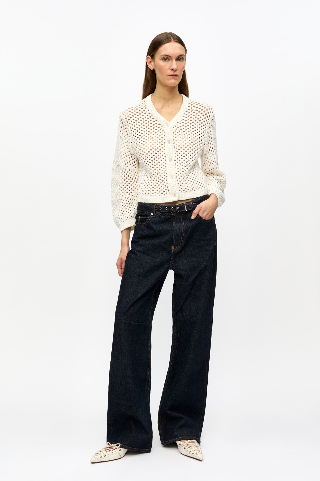 WHITE RHINESTONE COTTON POINTELLE CARDIGAN - 3