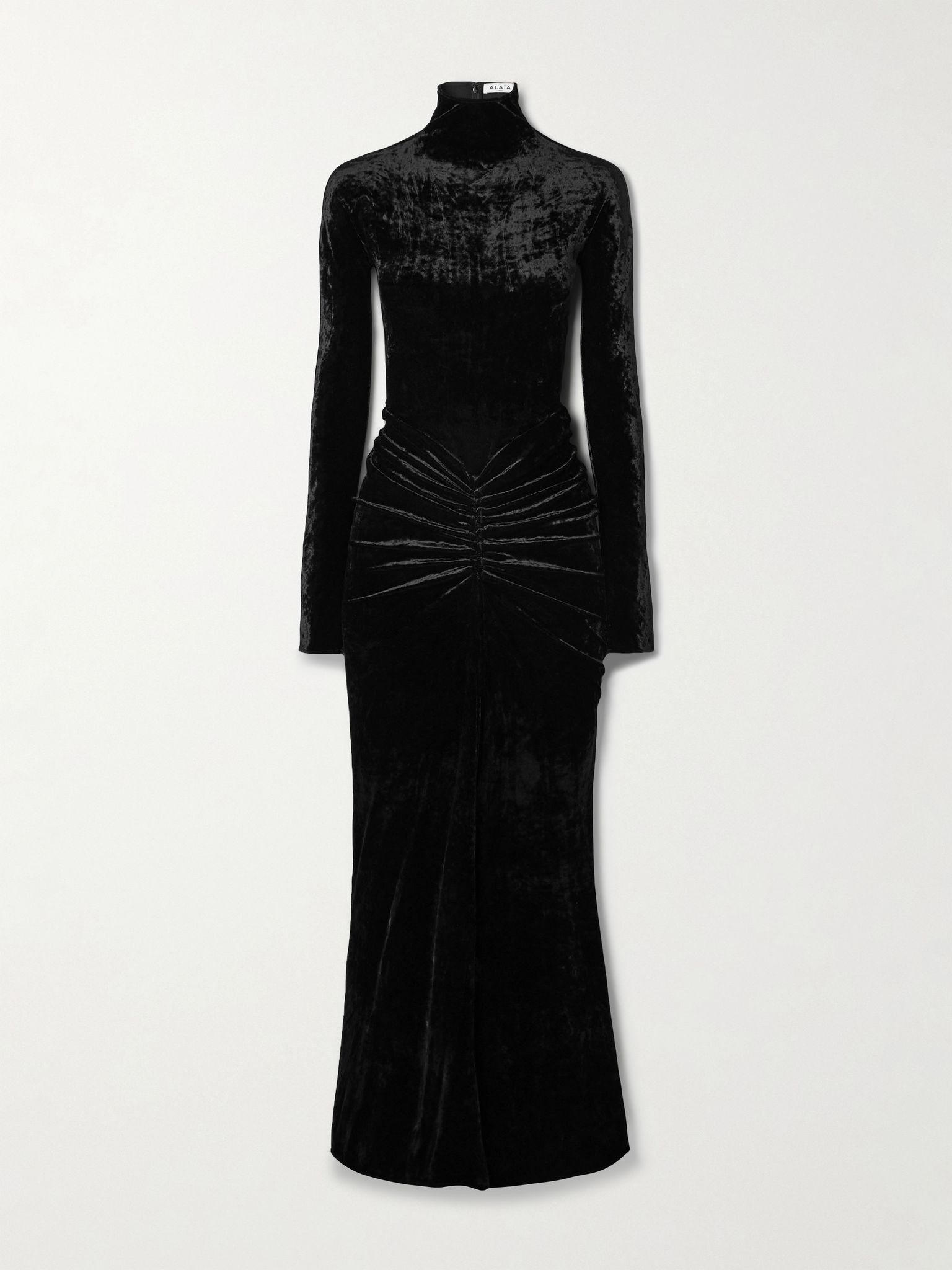 Ruched crushed-velvet turtleneck midi dress Black - 1