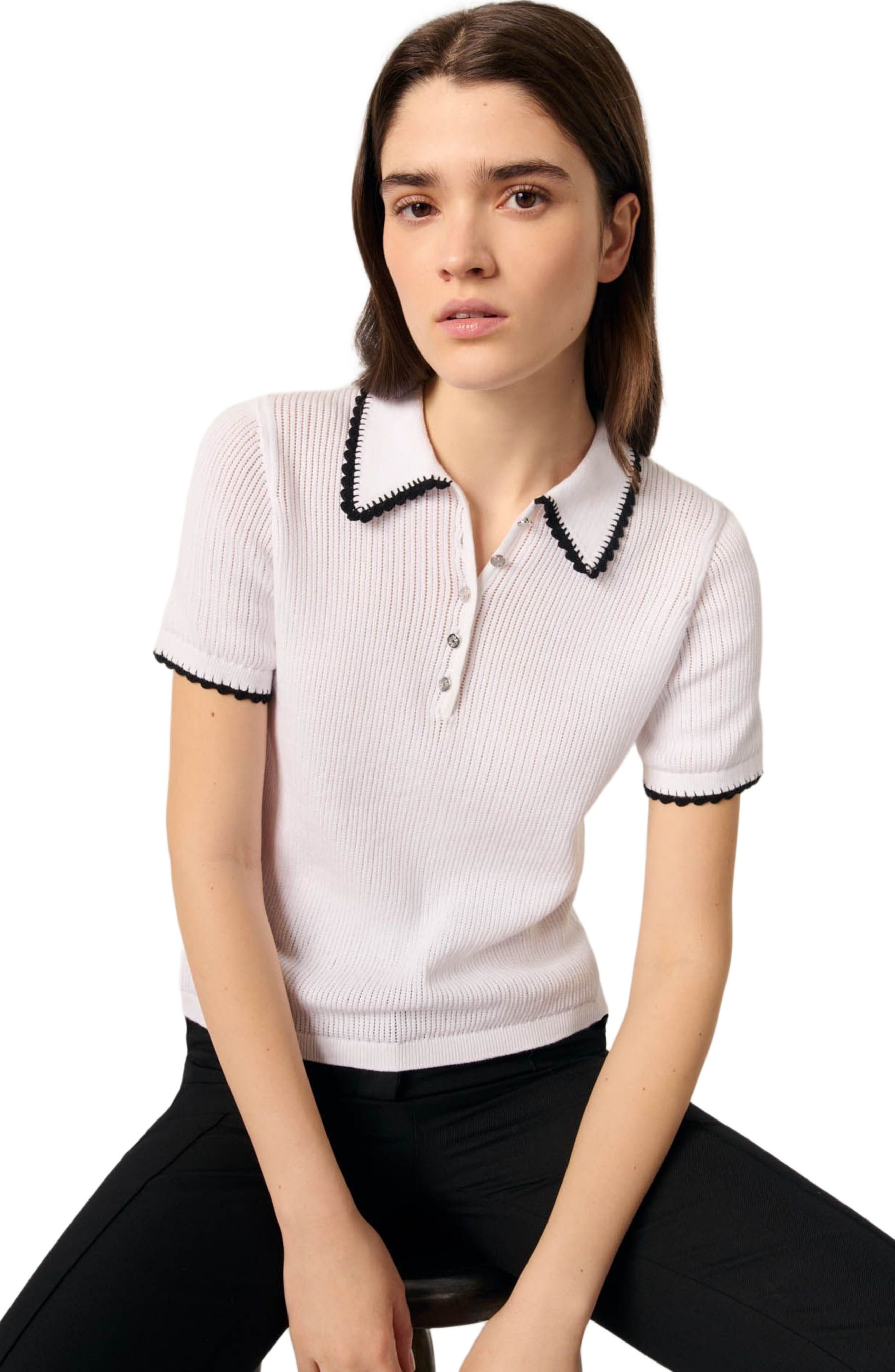 maje Pointelle knit crochet polo shirt in White /Black at Nordstrom - 7