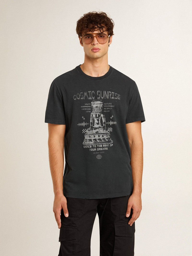 Golden Goose Men’s worn-black cotton T-shirt with print on the front outlook