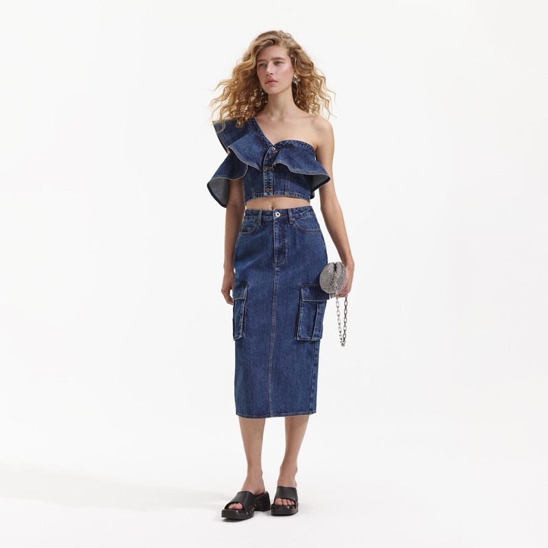self-portrait Denim Cargo Midi Skirt outlook