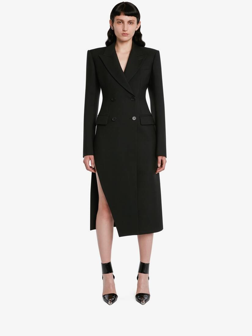 Women's Slashed Double-breasted Tailored Coat in Black - 2