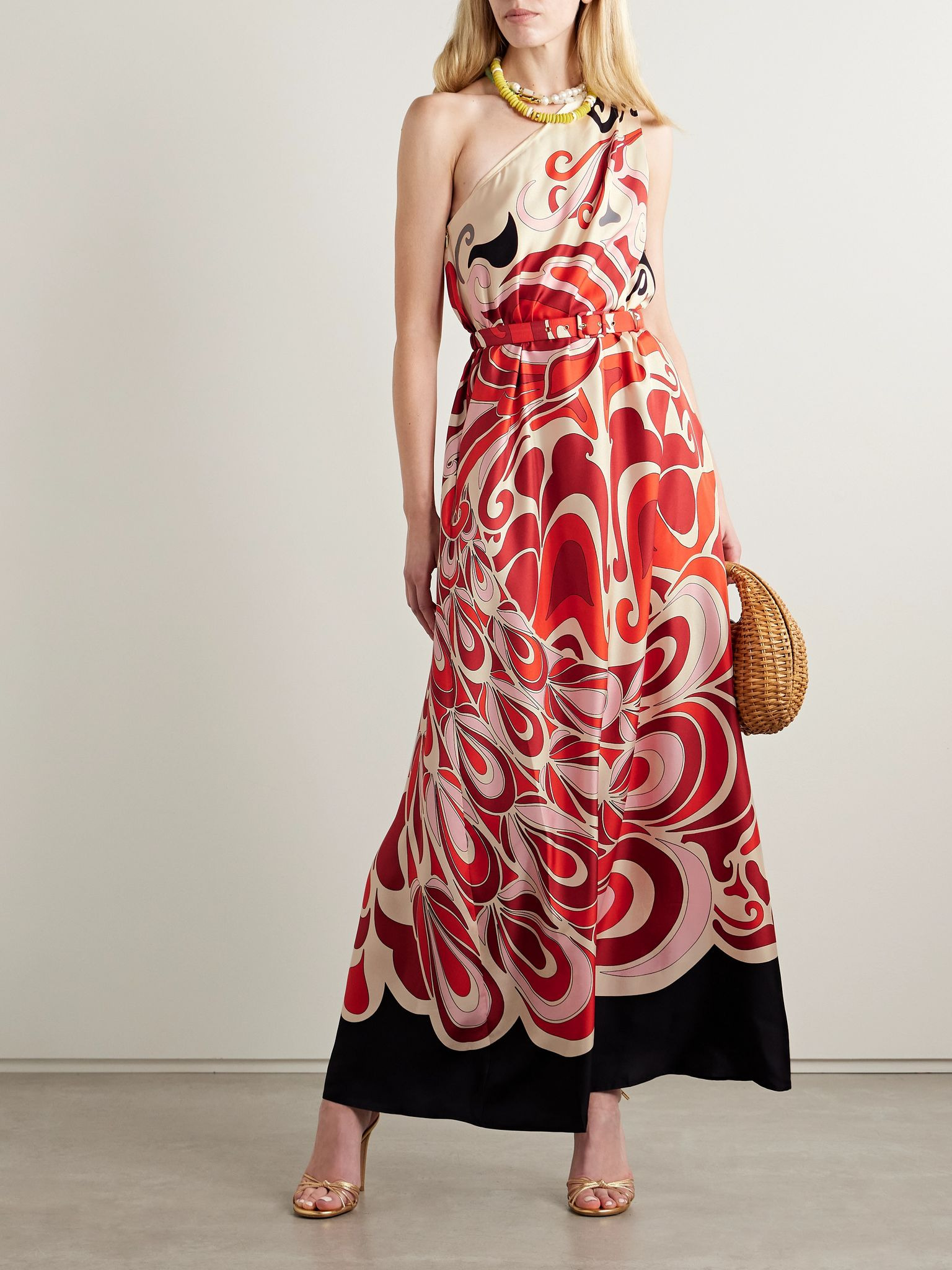 Roy one-shoulder printed silk-twill maxi dress Red - 2