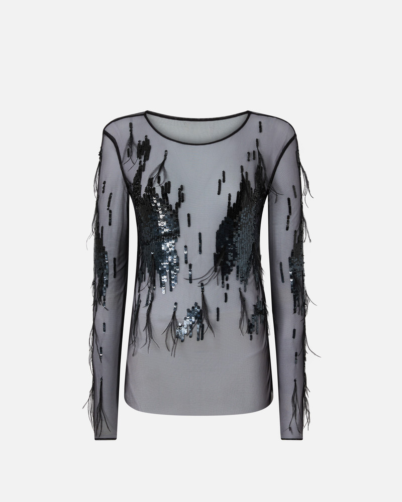 SHEER SWEATER WITH SEQUINS AND FEATHERS 1
