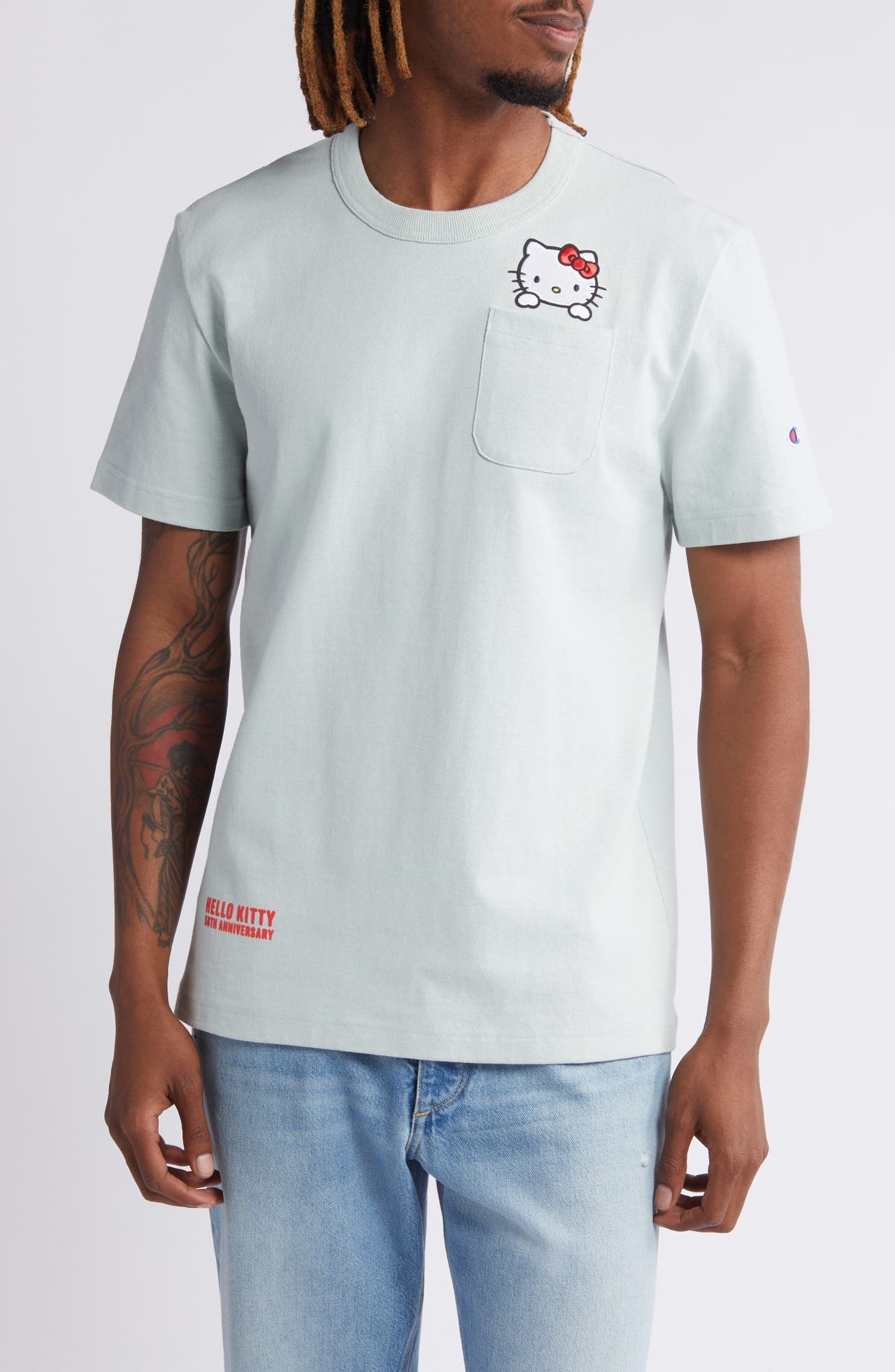 Champion x Sanrio Hello Kitty® 50th Anniversary Embroidered Pocket T-Shirt in Fleeting Green at Nord - 1