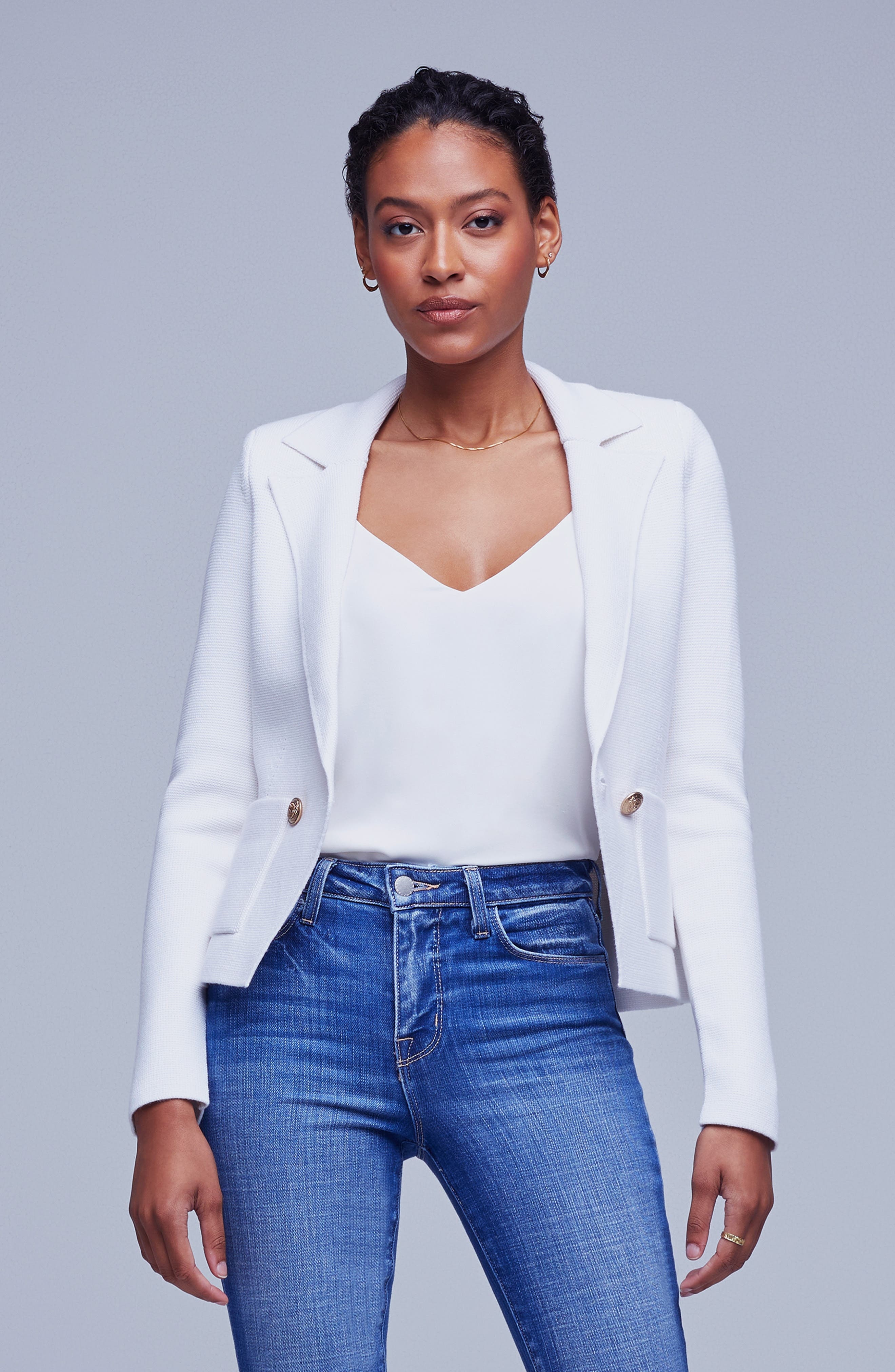 L'AGENCE Sofia Cotton Blend Cardigan Blazer in White at Nordstrom - 4