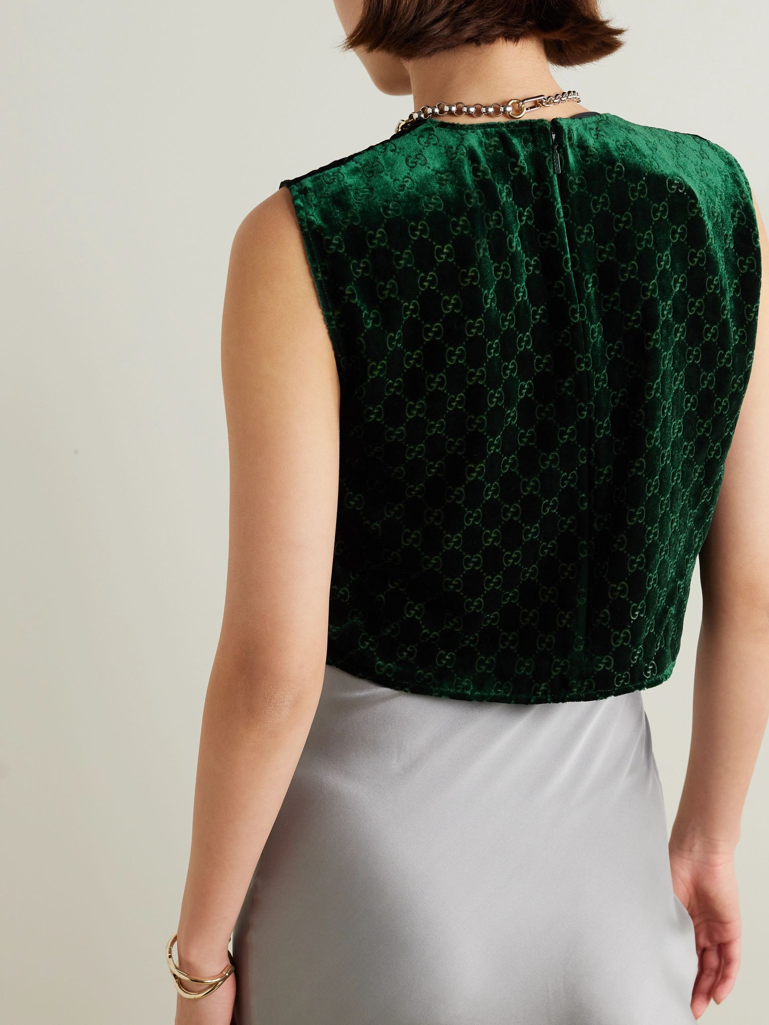 Cropped devoré-velvet top Dark green - 3
