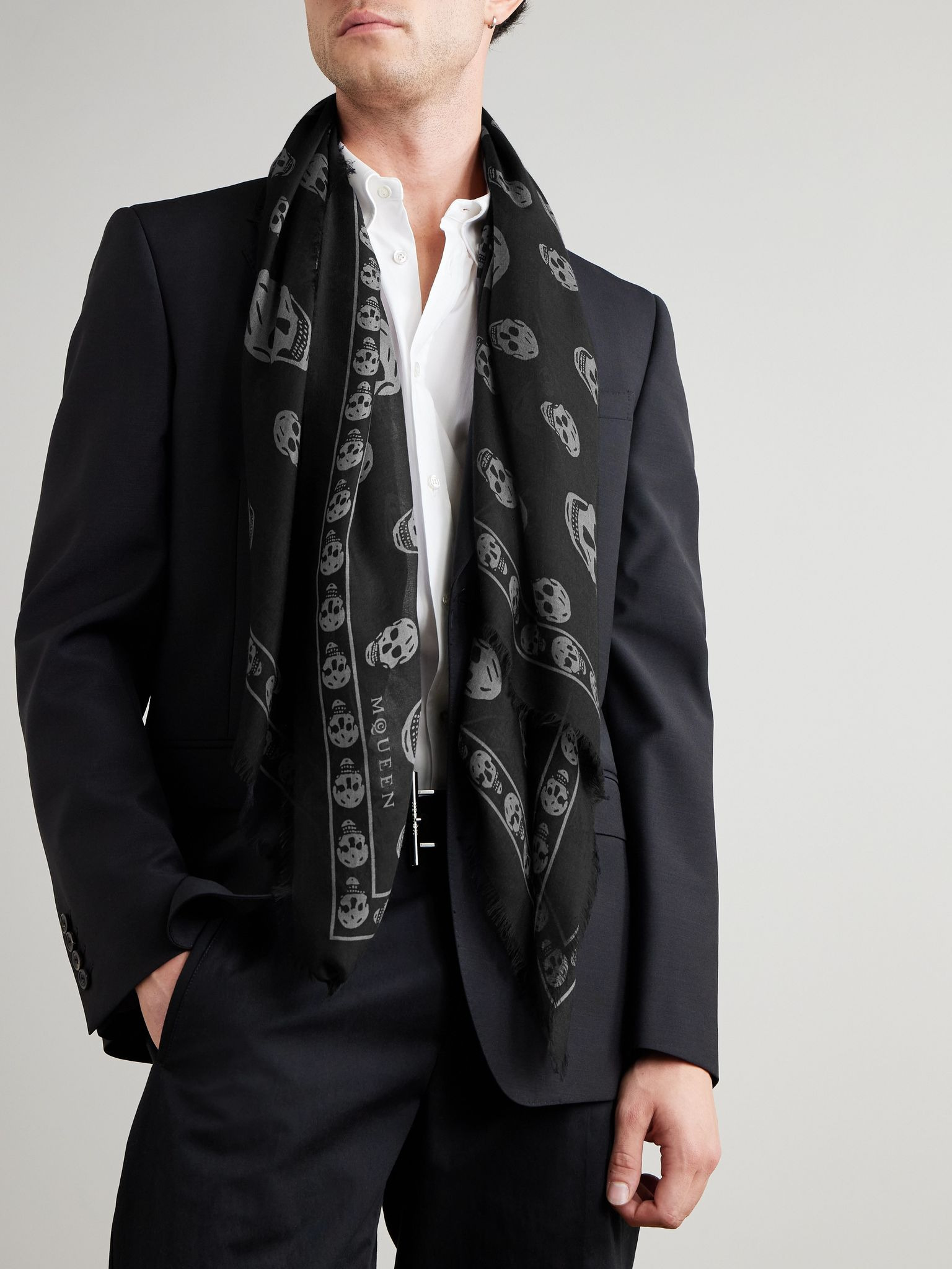 Fringed Printed Modal and Silk-Blend Scarf Black - 2
