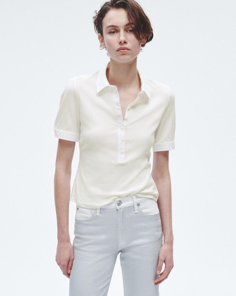 Ribbed Mixed Media Polo Cotton-Modal T-Shirt 2