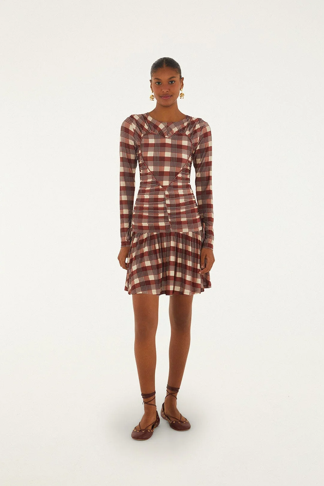 Brown Country Tartan Heart Ruched Mini Dress - 1