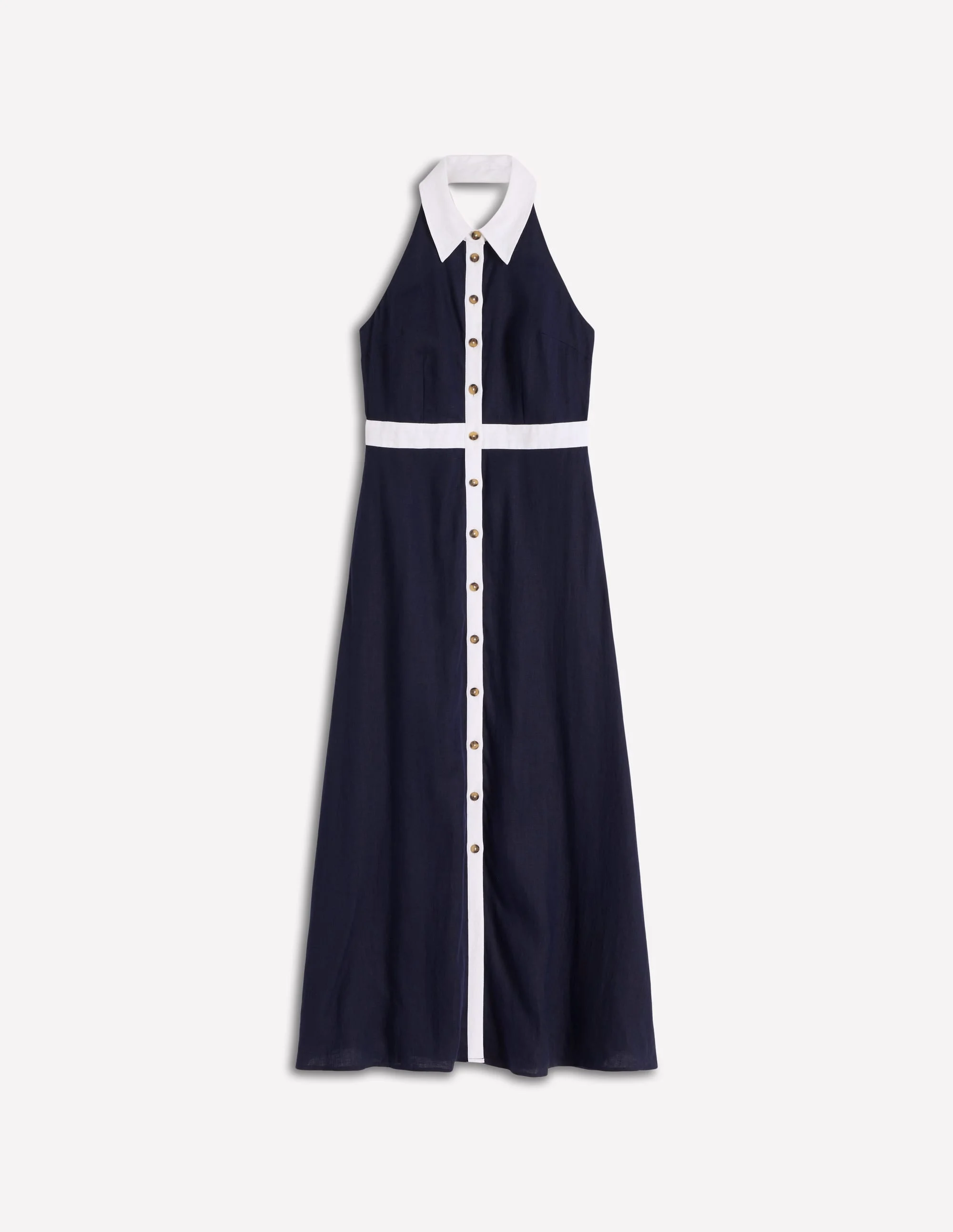 Collar Halter Neck Linen Dress-Navy Ivory - 1