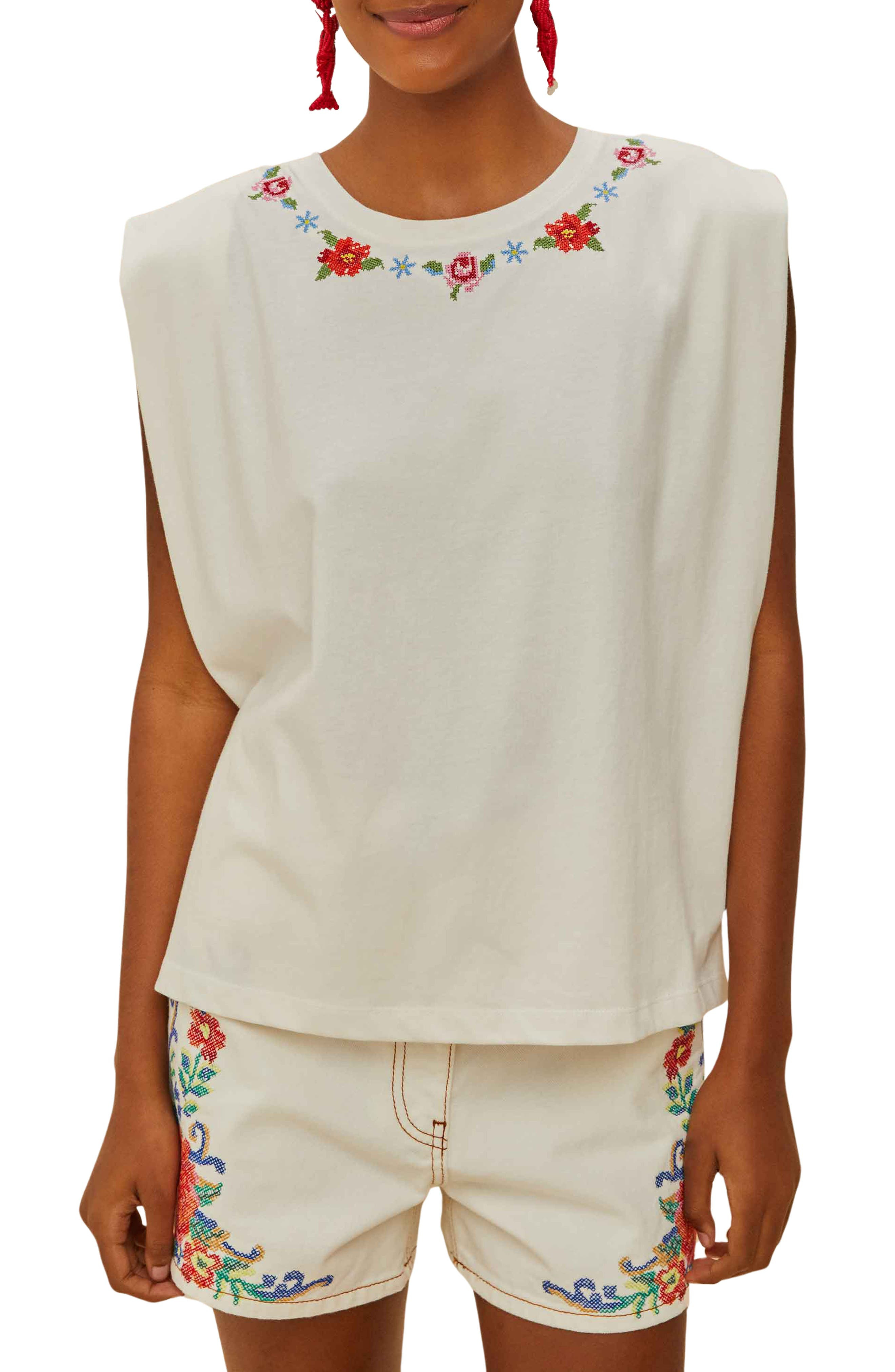 FARM Rio Cross Stitch Flowers Top in Off-White at Nordstrom - 1