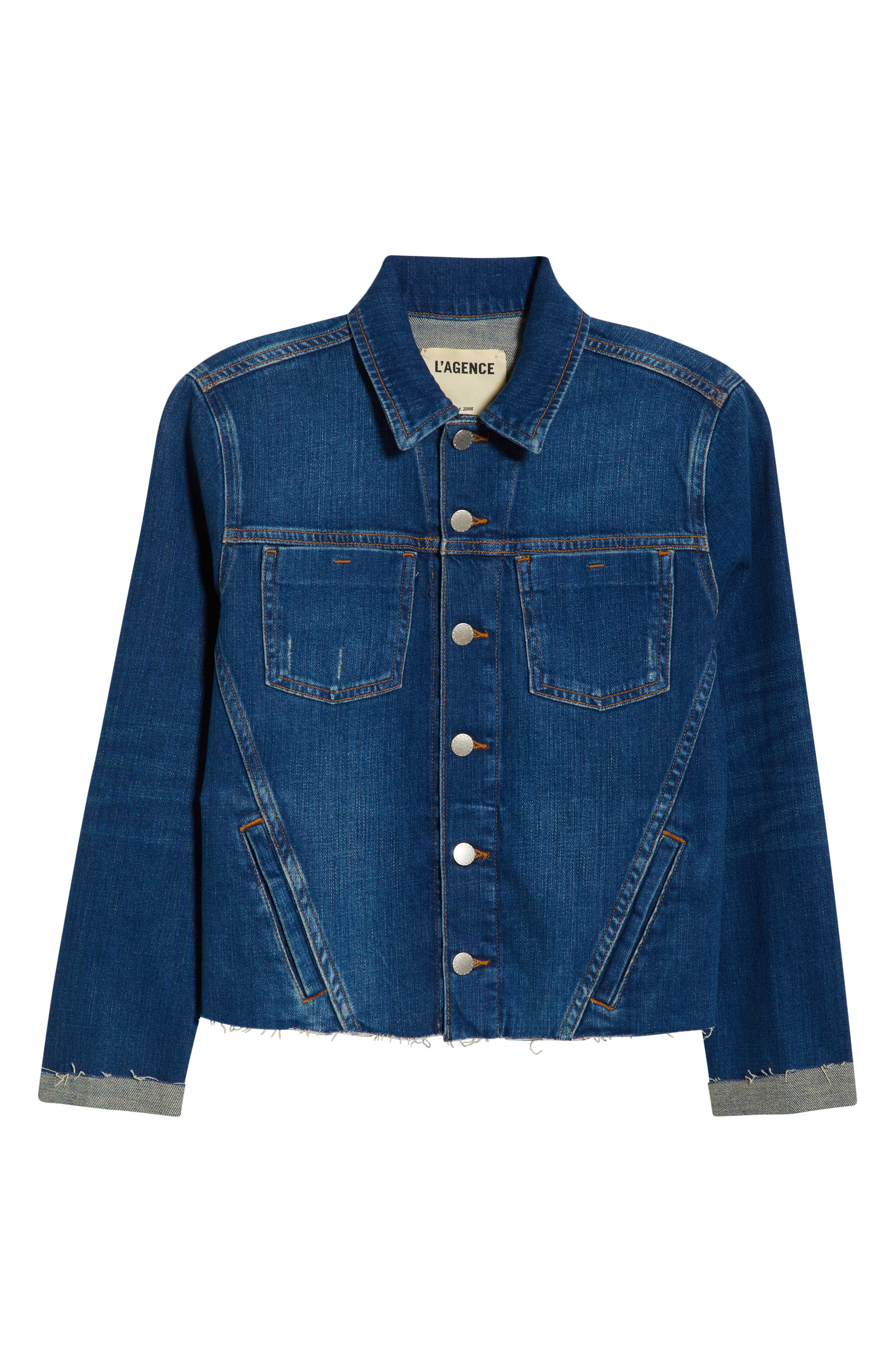 L'AGENCE Janelle Slim Fit Raw Hem Denim Trucker Jacket in Authentique at Nordstrom - 6
